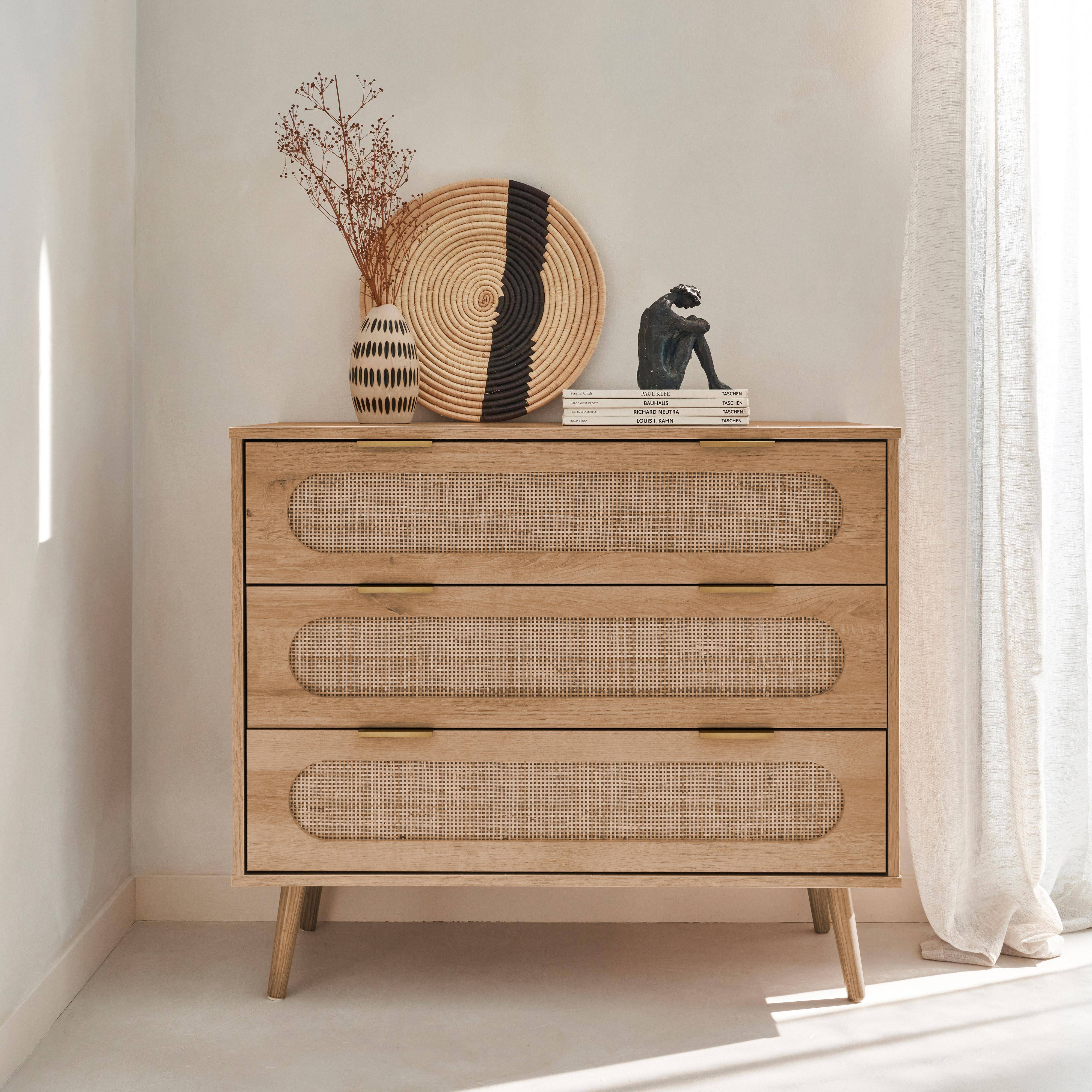 Ladekast, Eva, houtdecor en afgerond riet, 3 laden L 90 x B 39 x H 79cm Photo1