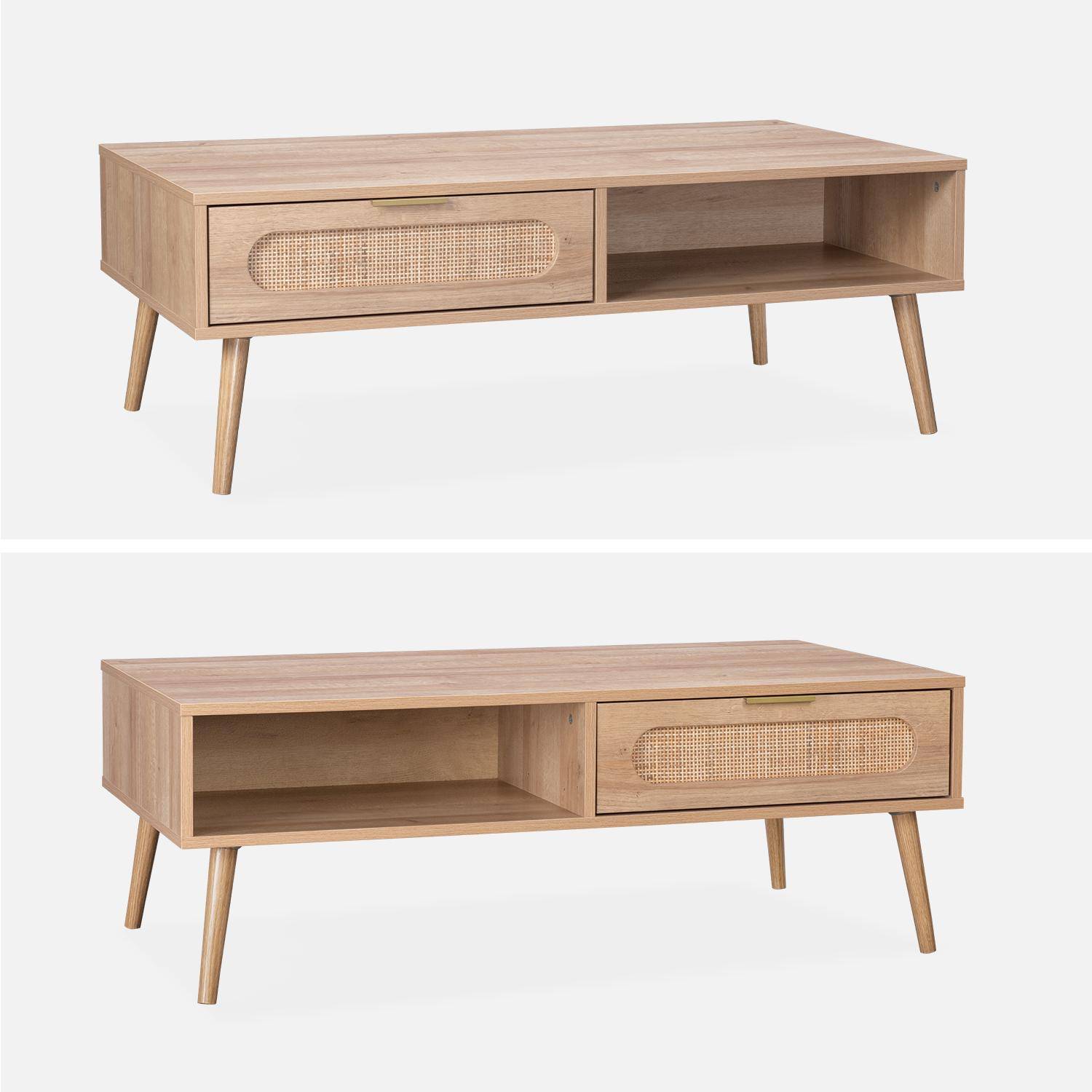 Table basse, Eva,  scandinave en cannage arrondi et en décor bois, 1 tiroir réversible L110 x l59 x H39cm Photo6