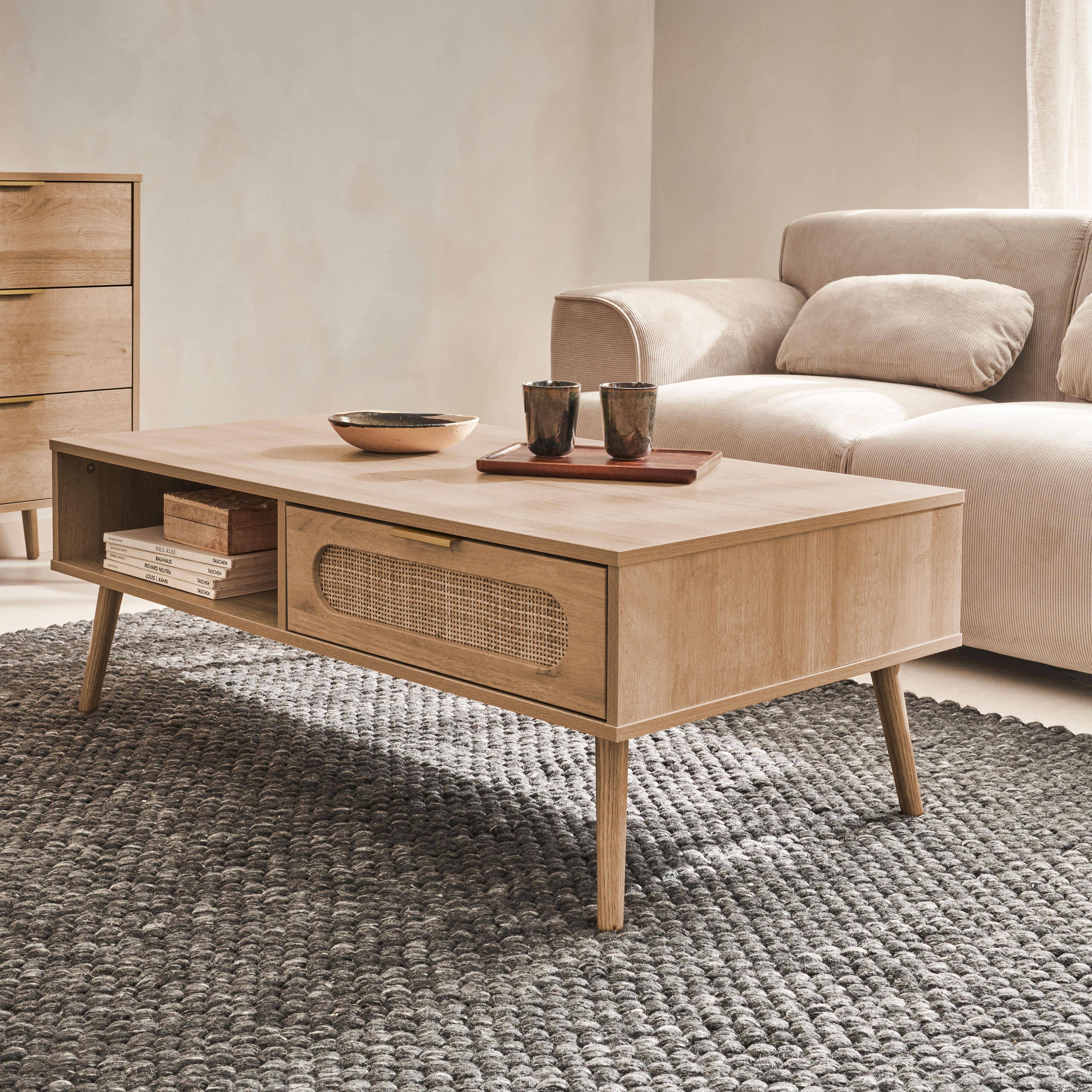 Salontafel, Eva, Scandinavisch, afgerond riet en houtdecor, 1 omkeerbare lade L110 x B59 x H39cm Photo2
