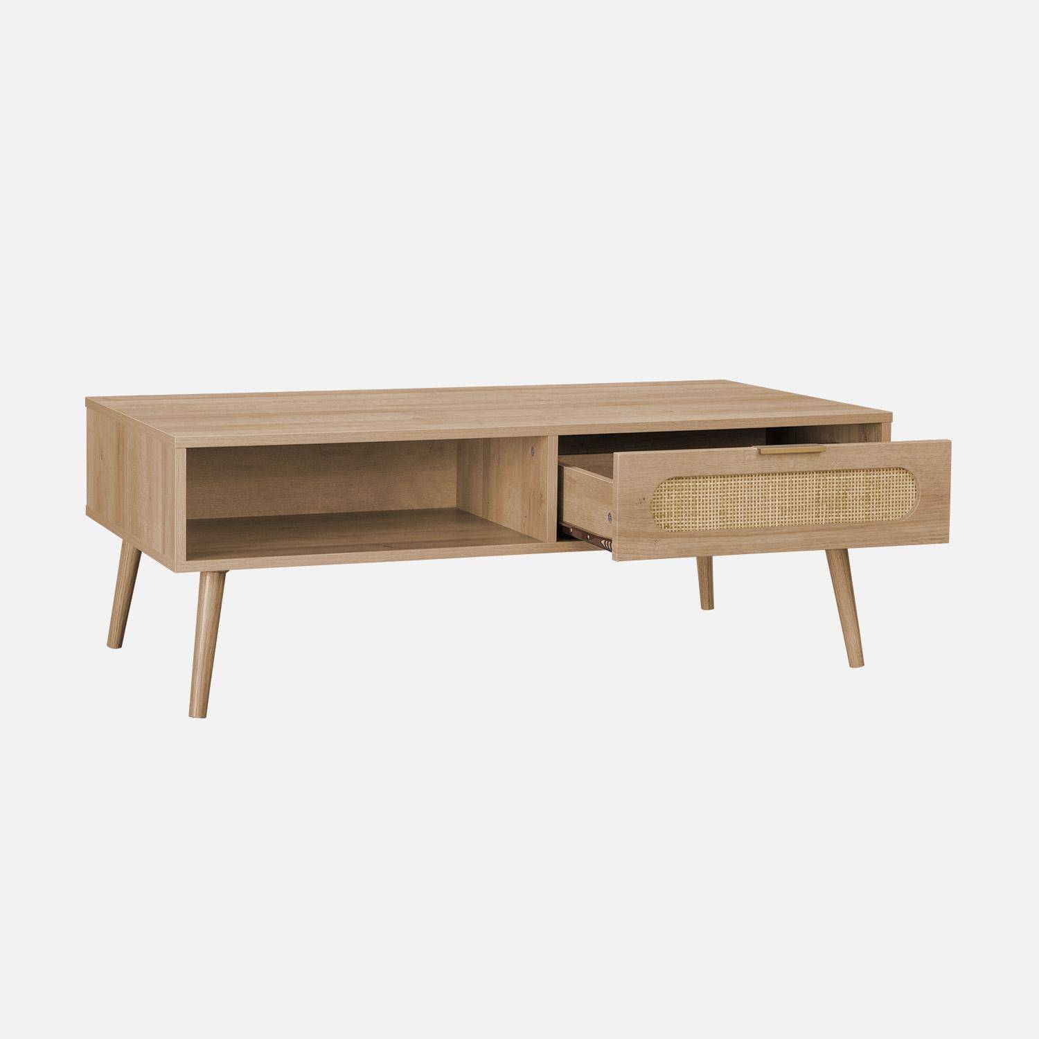 Table basse, Eva,  scandinave en cannage arrondi et en décor bois, 1 tiroir réversible L110 x l59 x H39cm,sweeek,Photo4