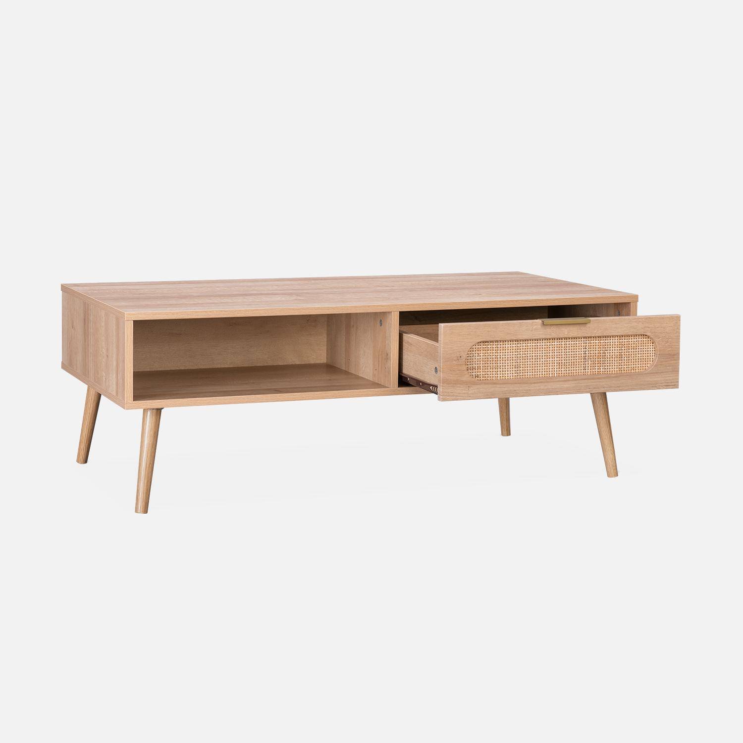 Table basse, Eva,  scandinave en cannage arrondi et en décor bois, 1 tiroir réversible L110 x l59 x H39cm Photo7