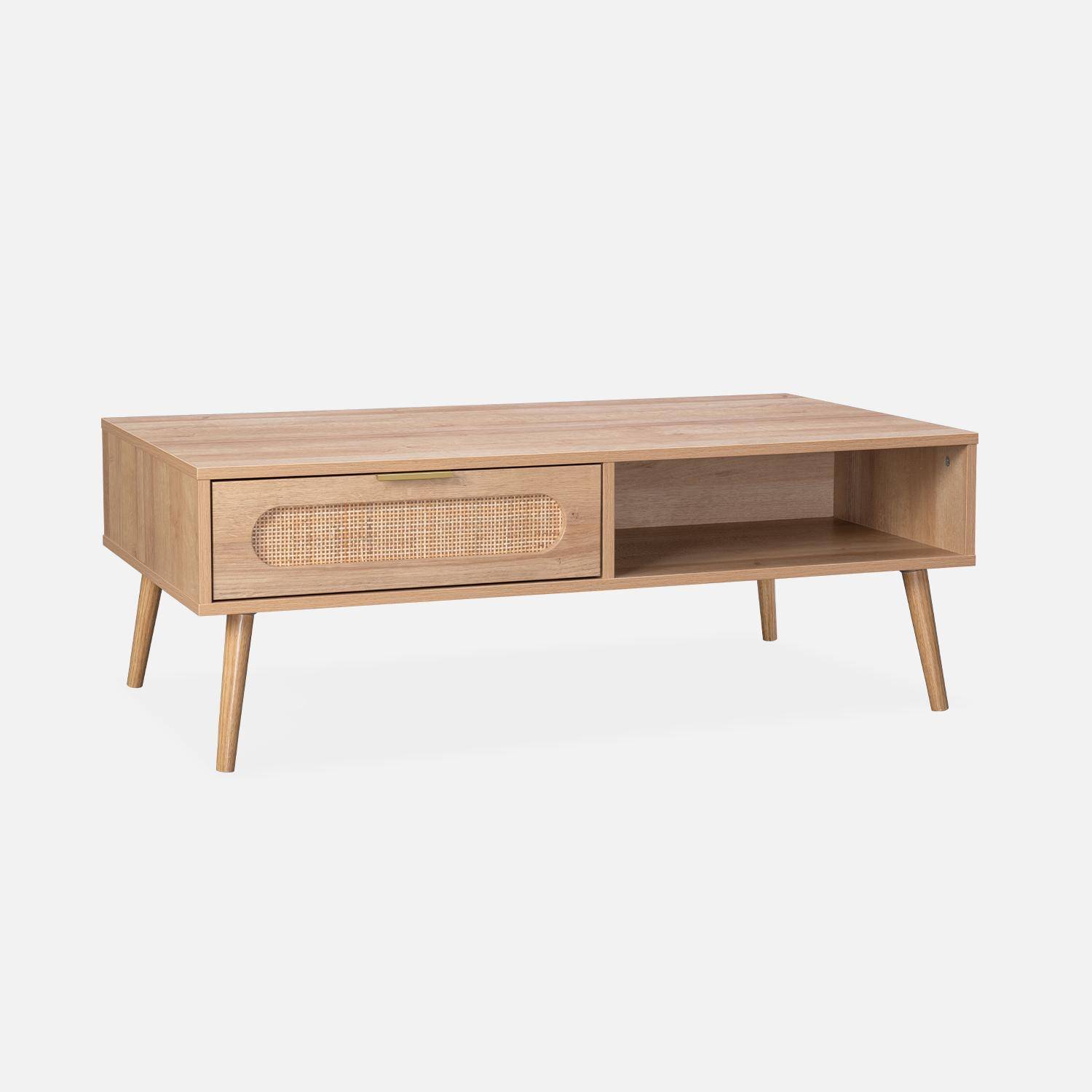 Table basse, Eva,  scandinave en cannage arrondi et en décor bois, 1 tiroir réversible L110 x l59 x H39cm Photo4