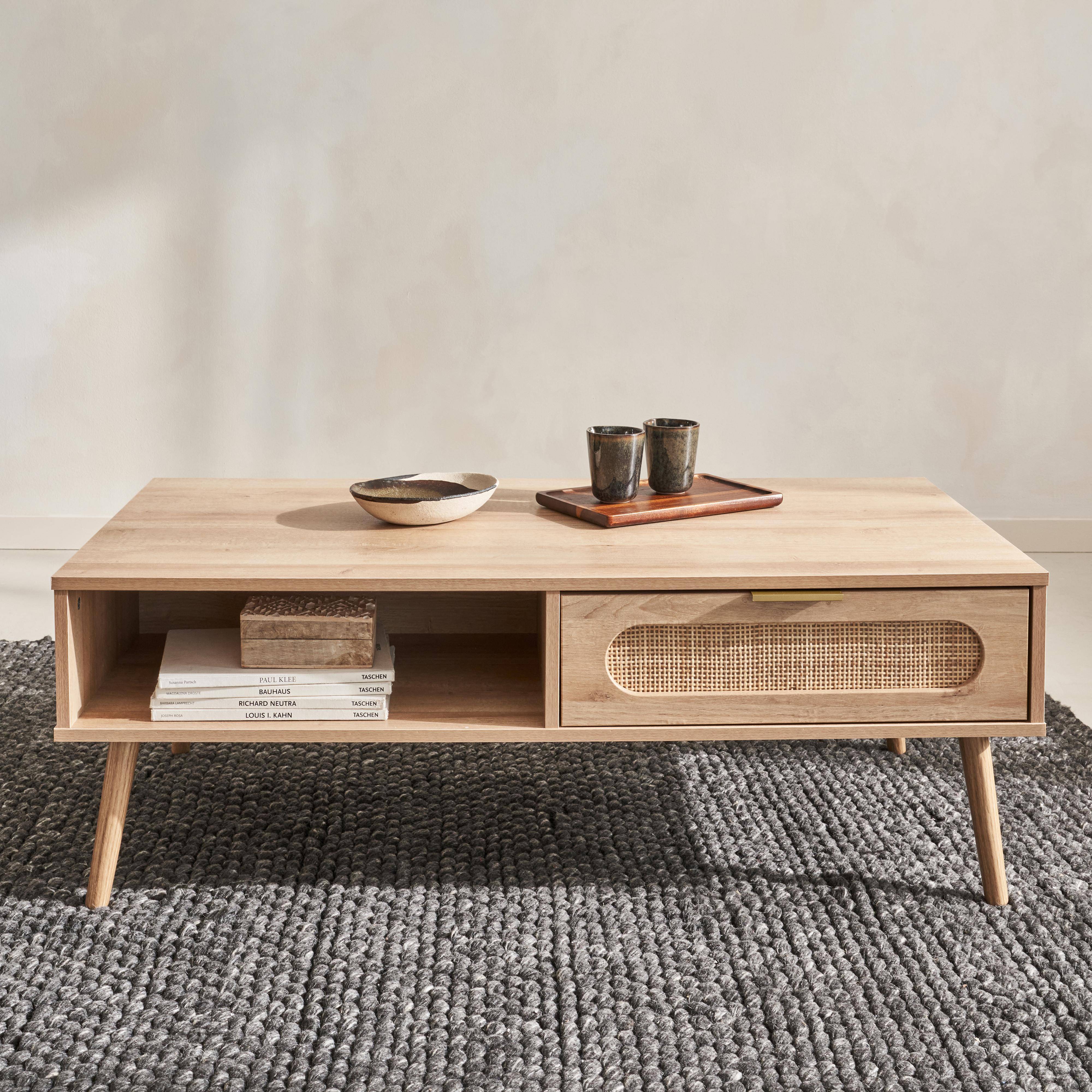 Wood and rounded cane rattan coffee table, 110x59x39cm, Eva, 1 drawer, 2 storage spaces Photo1