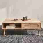 Table basse, Eva,  scandinave en cannage arrondi et en décor bois, 1 tiroir réversible L110 x l59 x H39cm Photo1