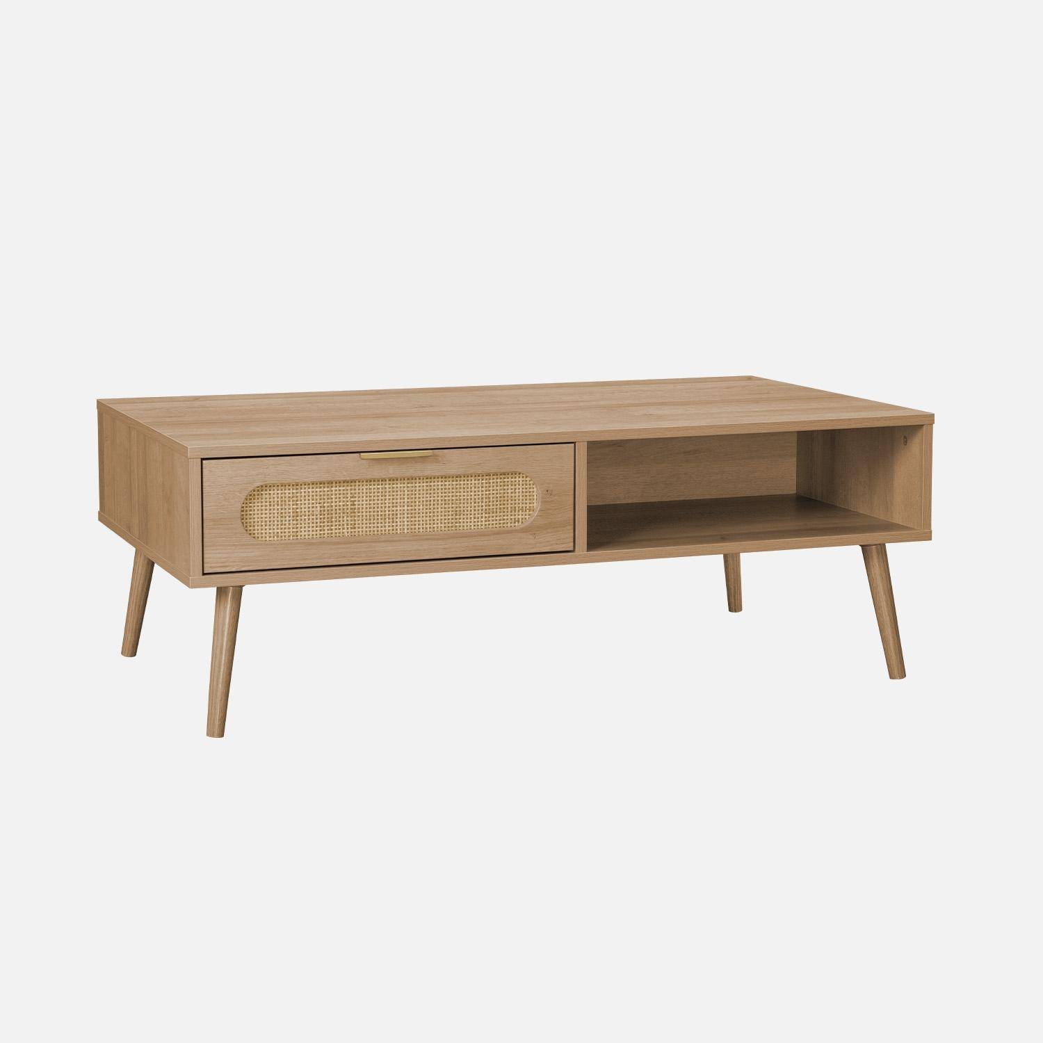 Table basse, Eva,  scandinave en cannage arrondi et en décor bois, 1 tiroir réversible L110 x l59 x H39cm,sweeek,Photo3
