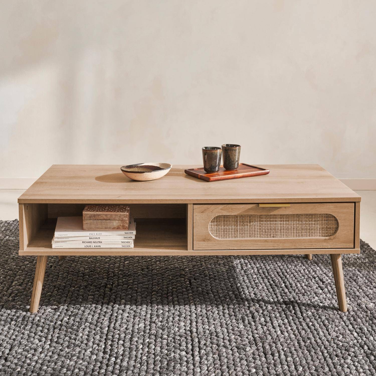 Table basse, Eva,  scandinave en cannage arrondi et en décor bois, 1 tiroir réversible L110 x l59 x H39cm Photo1