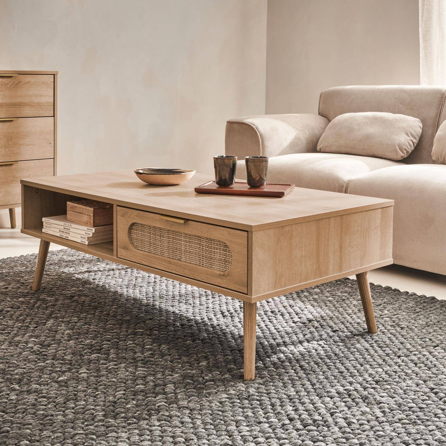 Table basse, Eva,  scandinave en cannage arrondi et en décor bois, 1 tiroir réversible L110 x l59 x H39cm,sweeek,Photo2