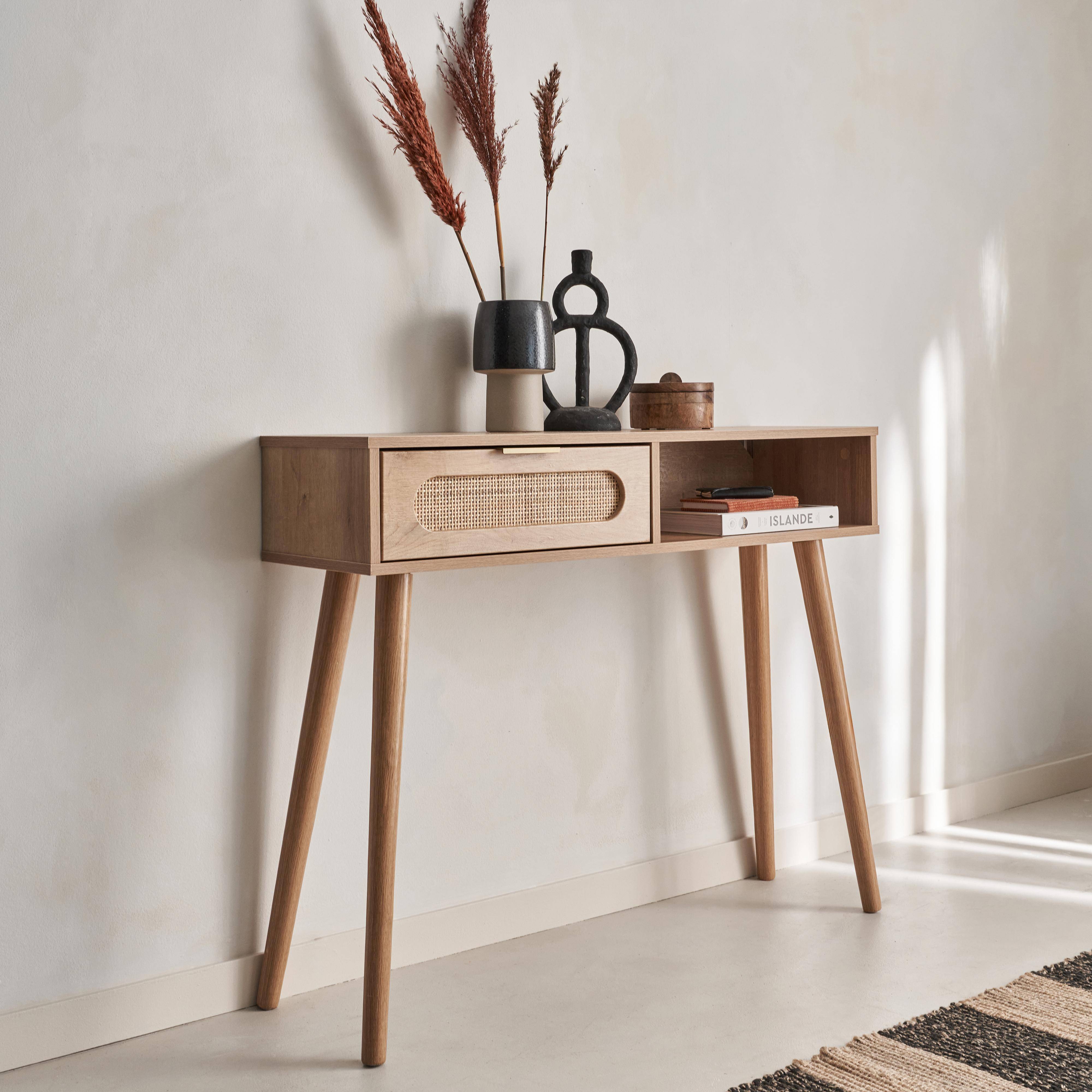 Wood and rounded cane rattan console table, 100x29x81cm, Eva, 1 drawer, 1 storage space Photo2