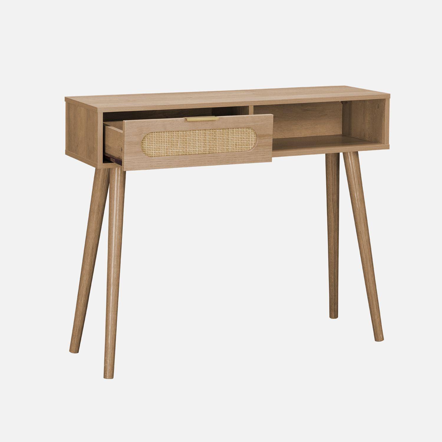 Console met hout en afgerond riet, Eva, 1 lade, 1 nis, Scandinavische poten, L 100 x B 29 x H 81cm Photo4