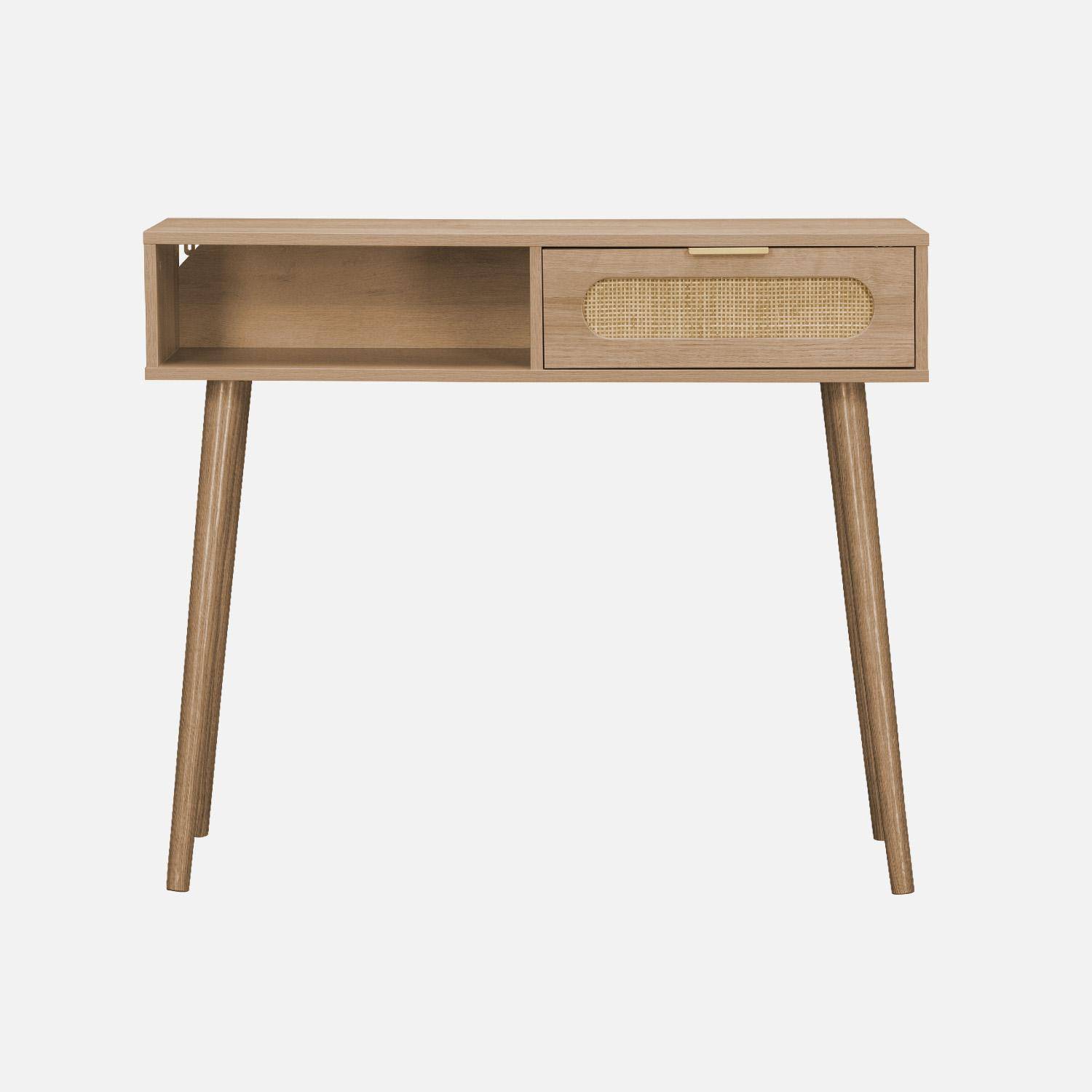 Console met hout en afgerond riet, Eva, 1 lade, 1 nis, Scandinavische poten, L 100 x B 29 x H 81cm Photo5