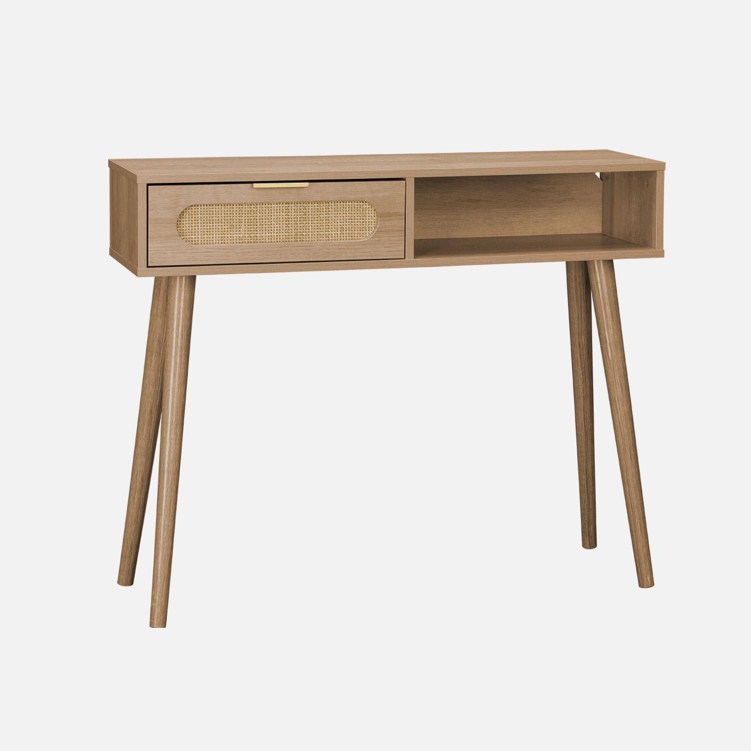 Console met hout en afgerond riet, Eva, 1 lade, 1 nis, Scandinavische poten, L 100 x B 29 x H 81cm Photo3