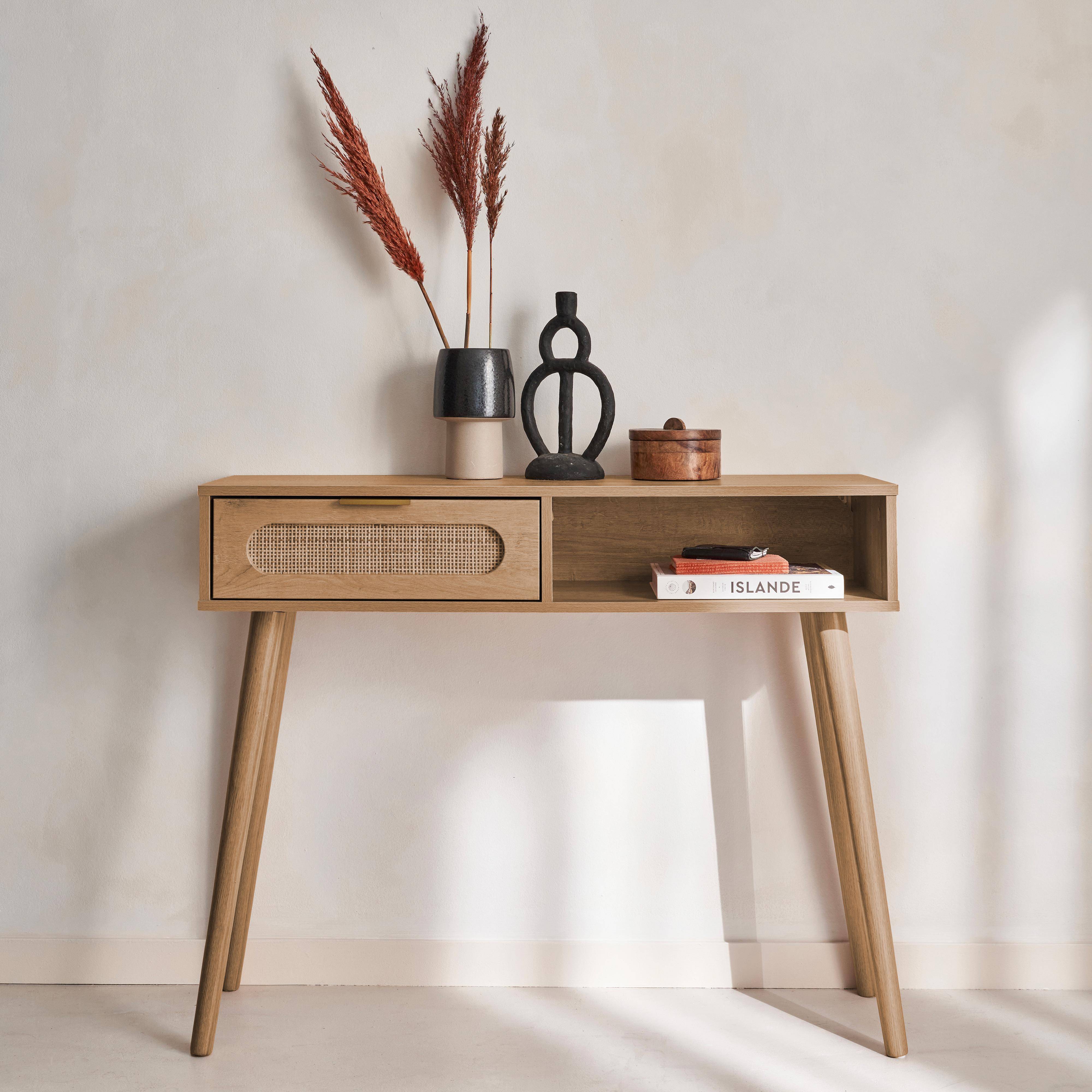 Console met hout en afgerond riet, Eva, 1 lade, 1 nis, Scandinavische poten, L 100 x B 29 x H 81cm Photo1