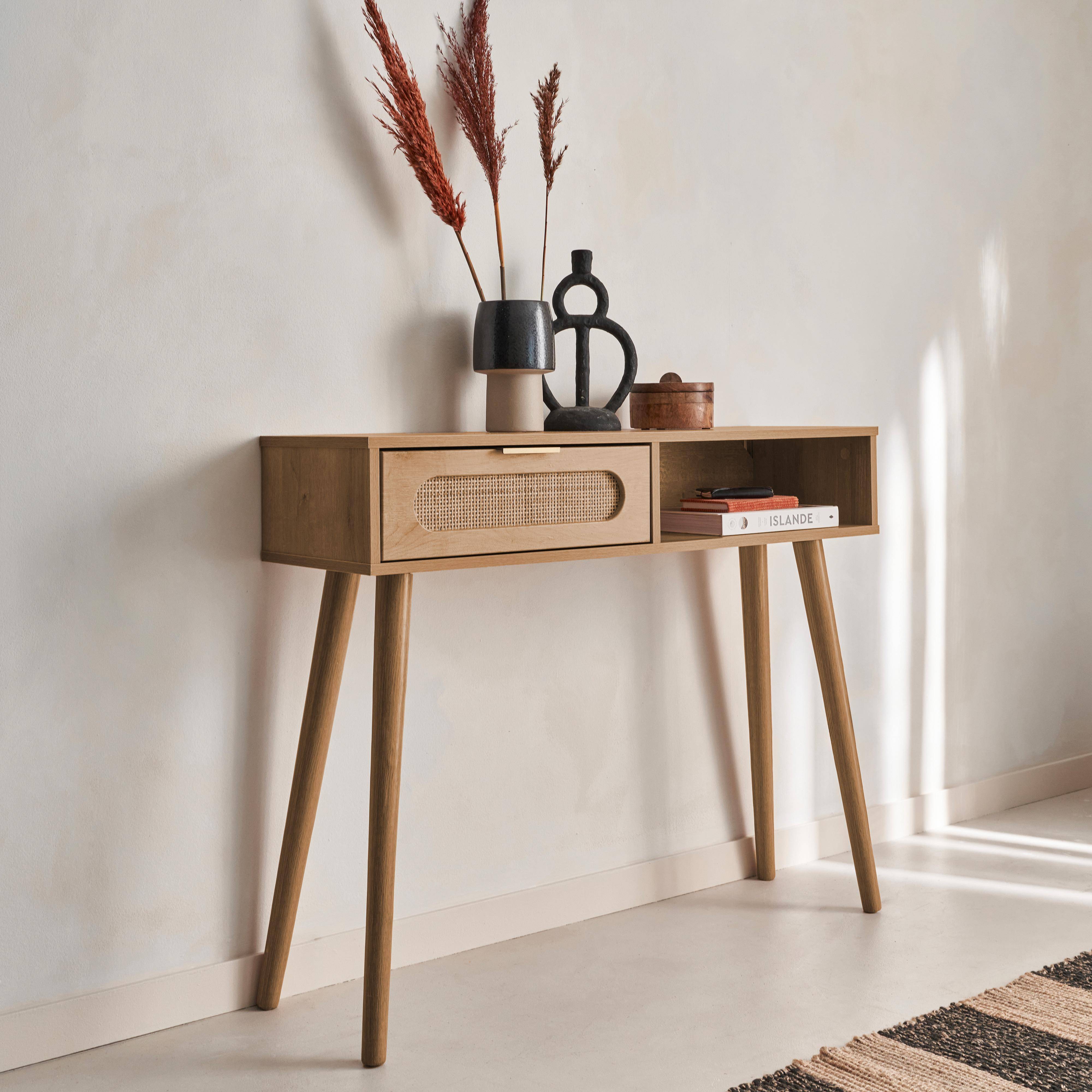 Console met hout en afgerond riet, Eva, 1 lade, 1 nis, Scandinavische poten, L 100 x B 29 x H 81cm Photo2