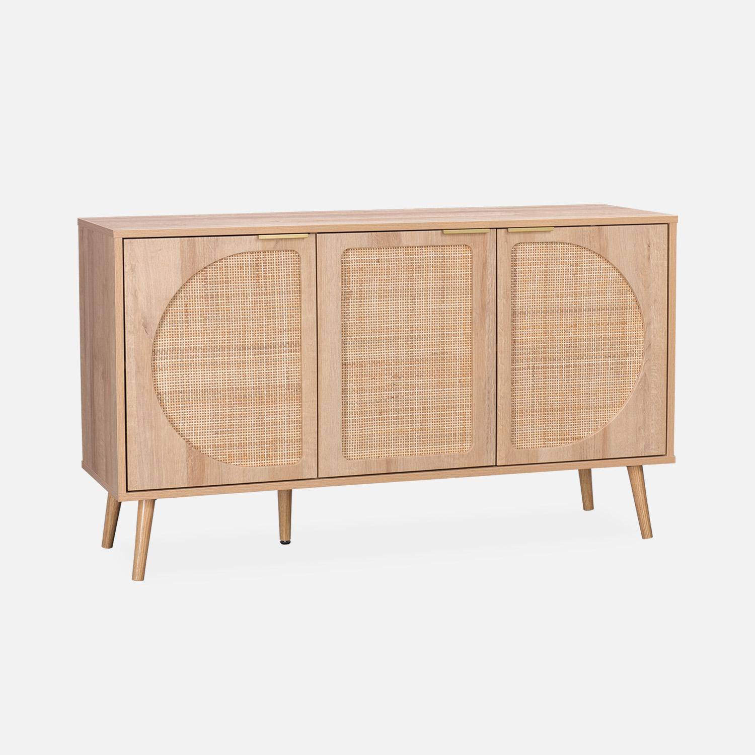 Wood and rounded cane rattan sideboard, 120x39x70cm, Eva, 3 doors,sweeek,Photo3