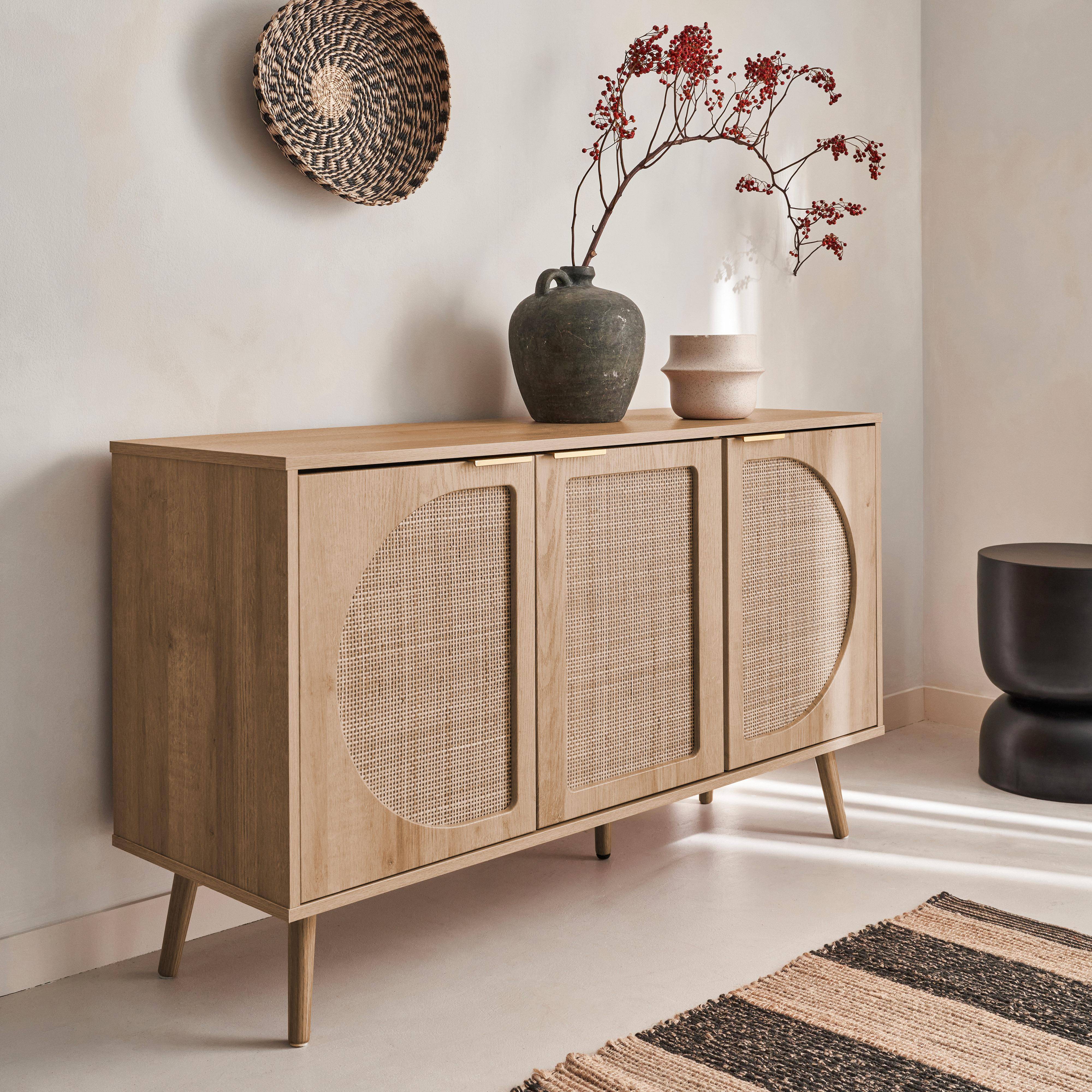Buffet de rangement, Eva, cannage arrondis et décor bois, trois portes, deux niveaux , buffet bas, L 120 x l39 x H70cm Photo2