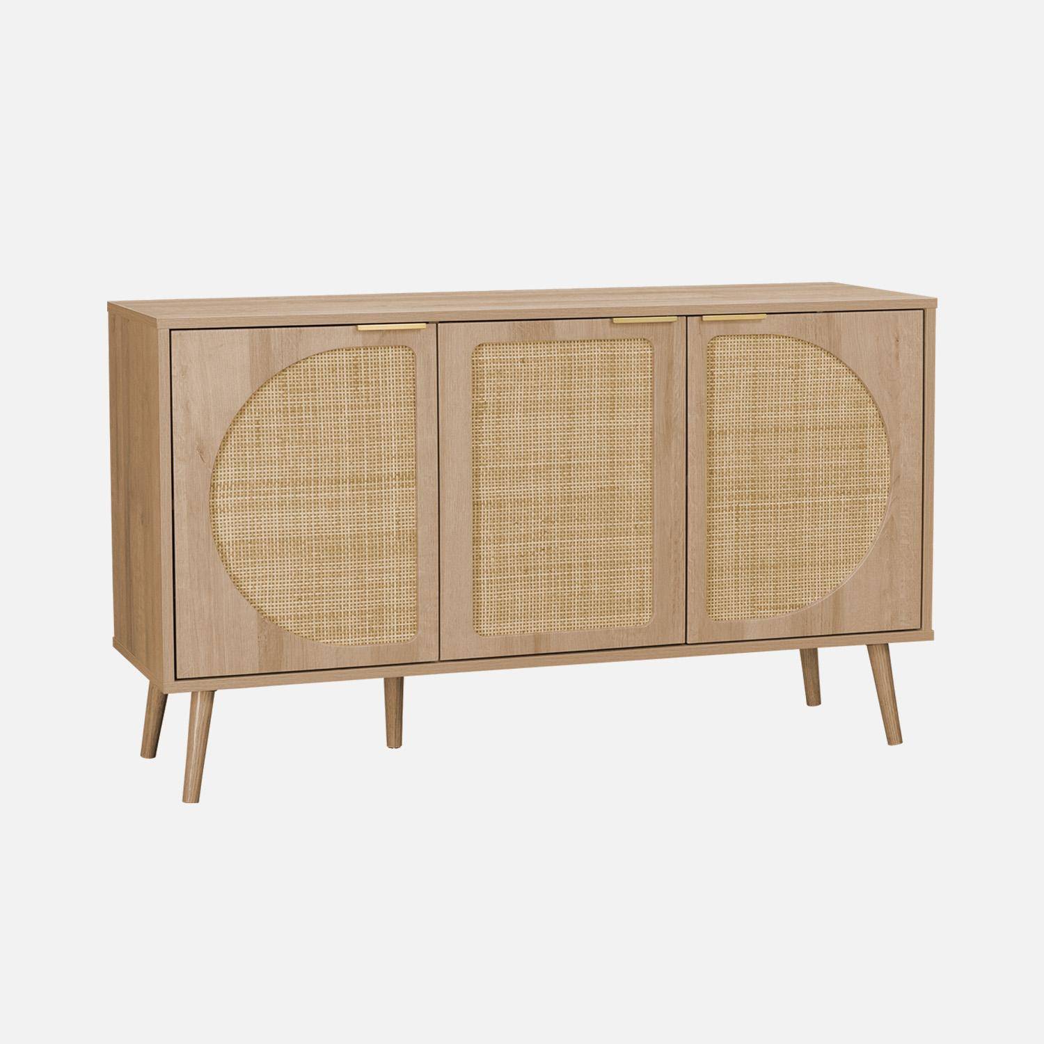 Buffet de rangement, Eva, cannage arrondis et décor bois, trois portes, deux niveaux , buffet bas, L 120 x l39 x H70cm Photo3