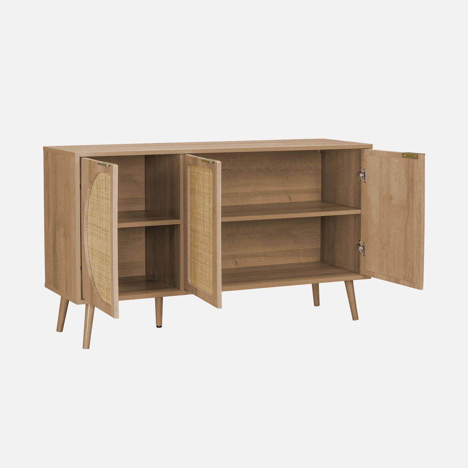 Buffet de rangement, Eva, cannage arrondis et décor bois, trois portes, deux niveaux , buffet bas, L 120 x l39 x H70cm Photo5