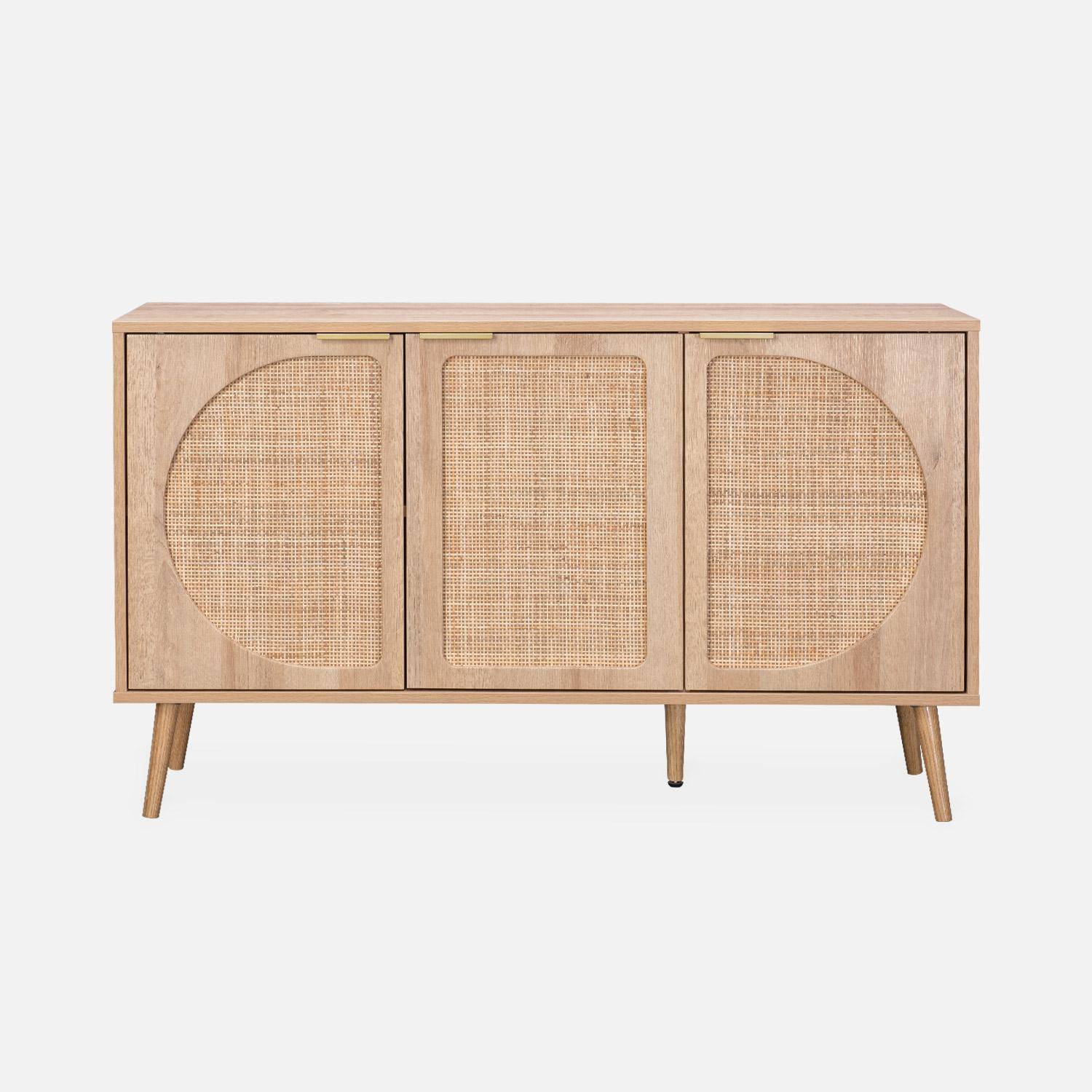 Wood and rounded cane rattan sideboard, 120x39x70cm, Eva, 3 doors,sweeek,Photo4