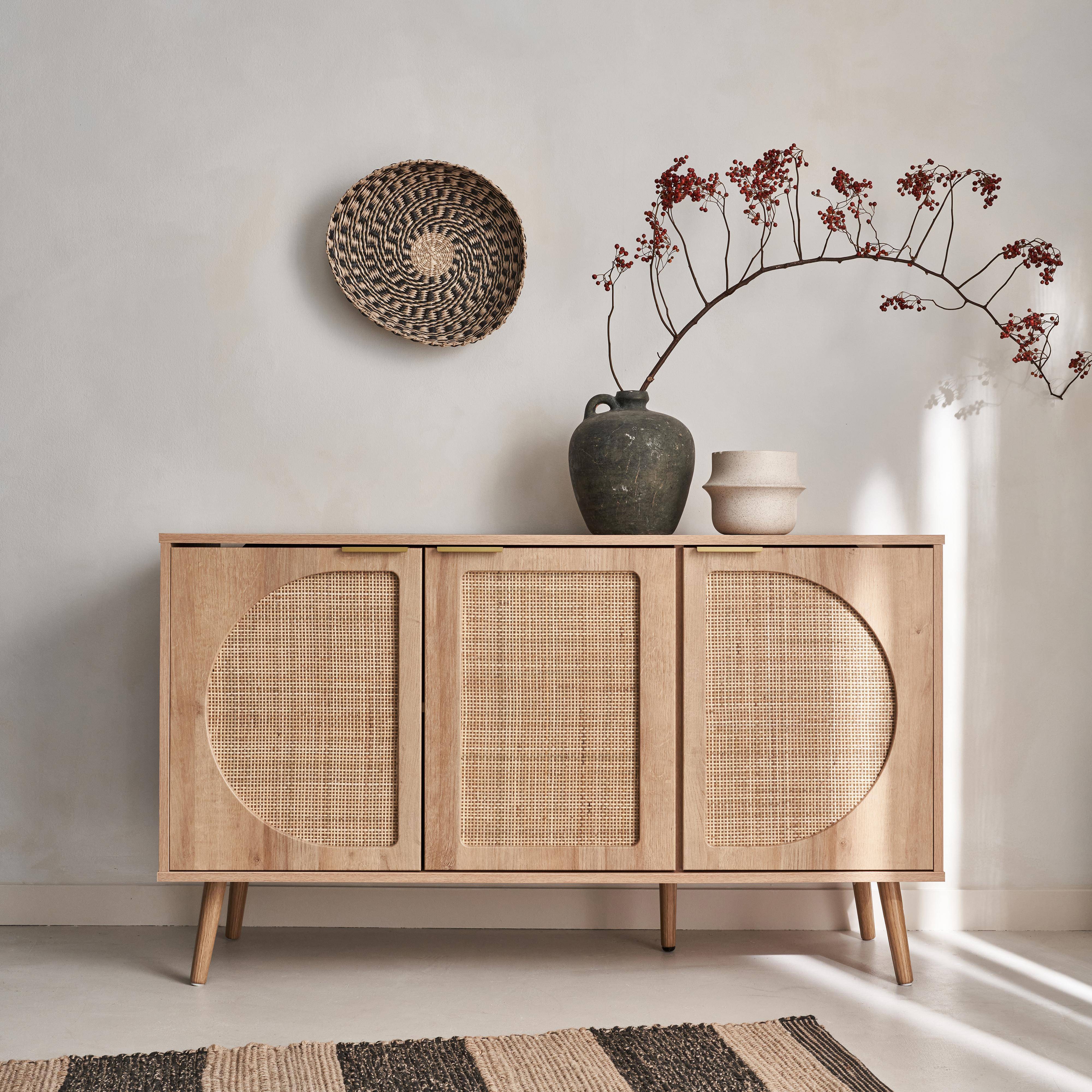 Wood and rounded cane rattan sideboard, 120x39x70cm, Eva, 3 doors,sweeek,Photo1
