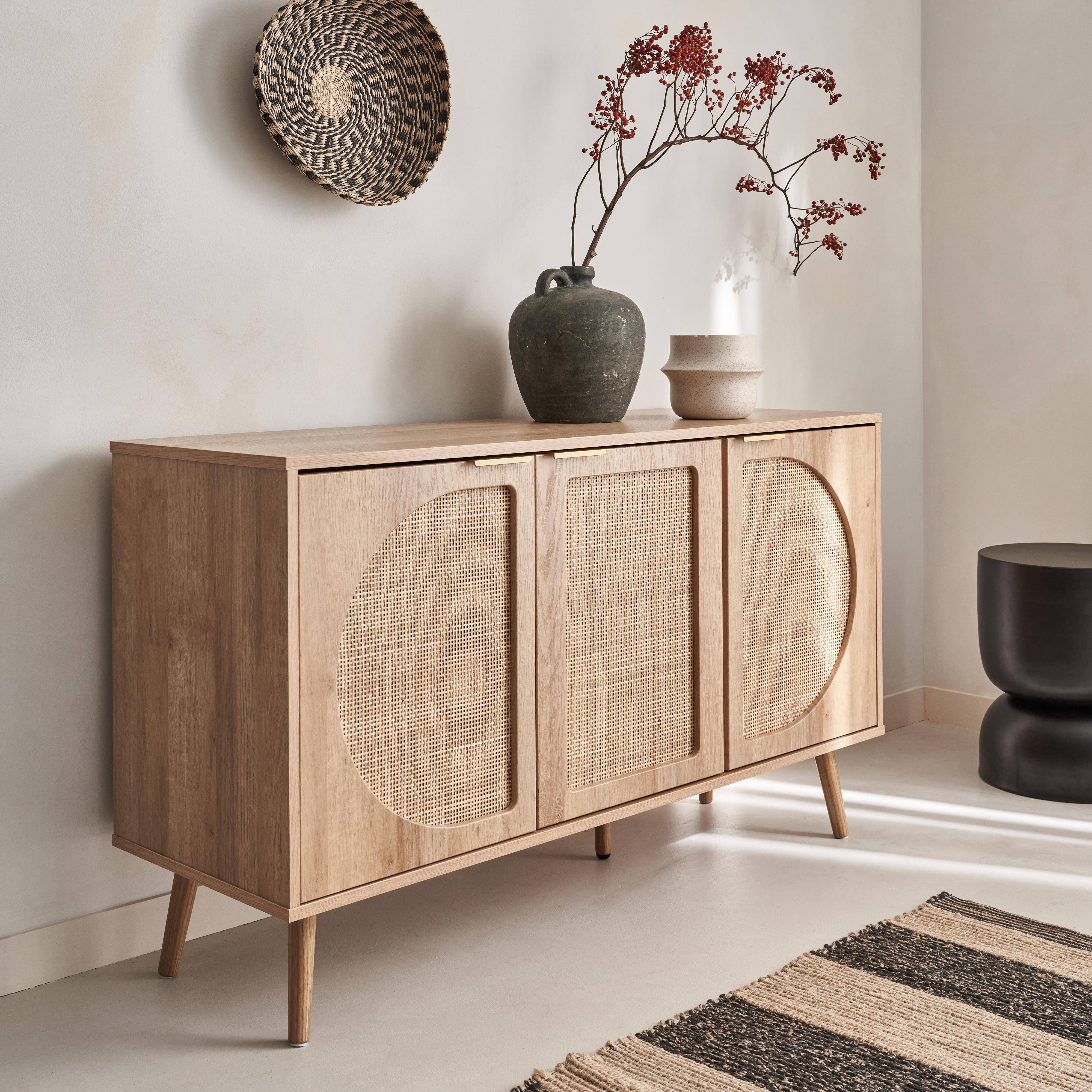 Wood and rounded cane rattan sideboard, 120x39x70cm, Eva, 3 doors Photo2