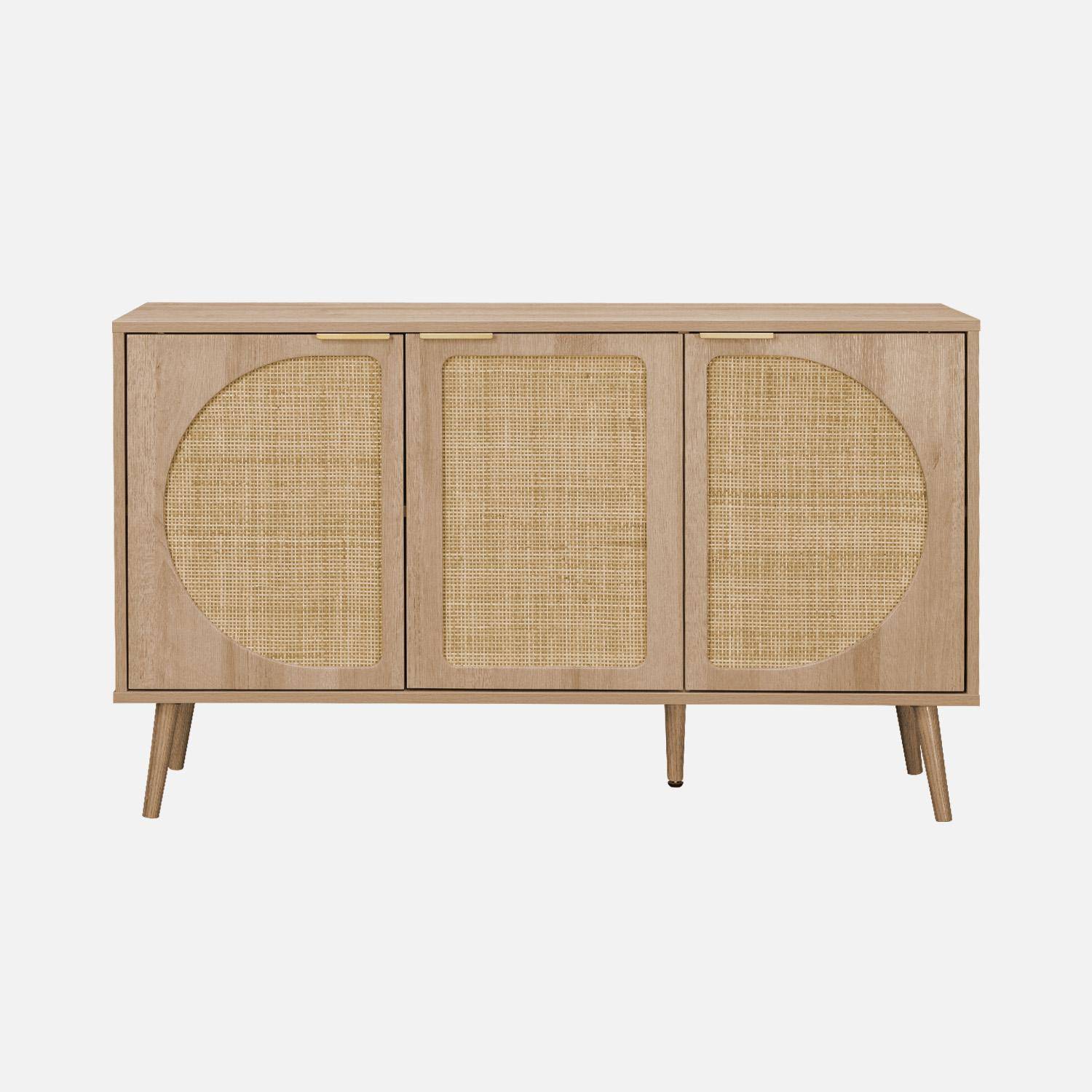 Buffet de rangement, Eva, cannage arrondis et décor bois, trois portes, deux niveaux , buffet bas, L 120 x l39 x H70cm Photo4