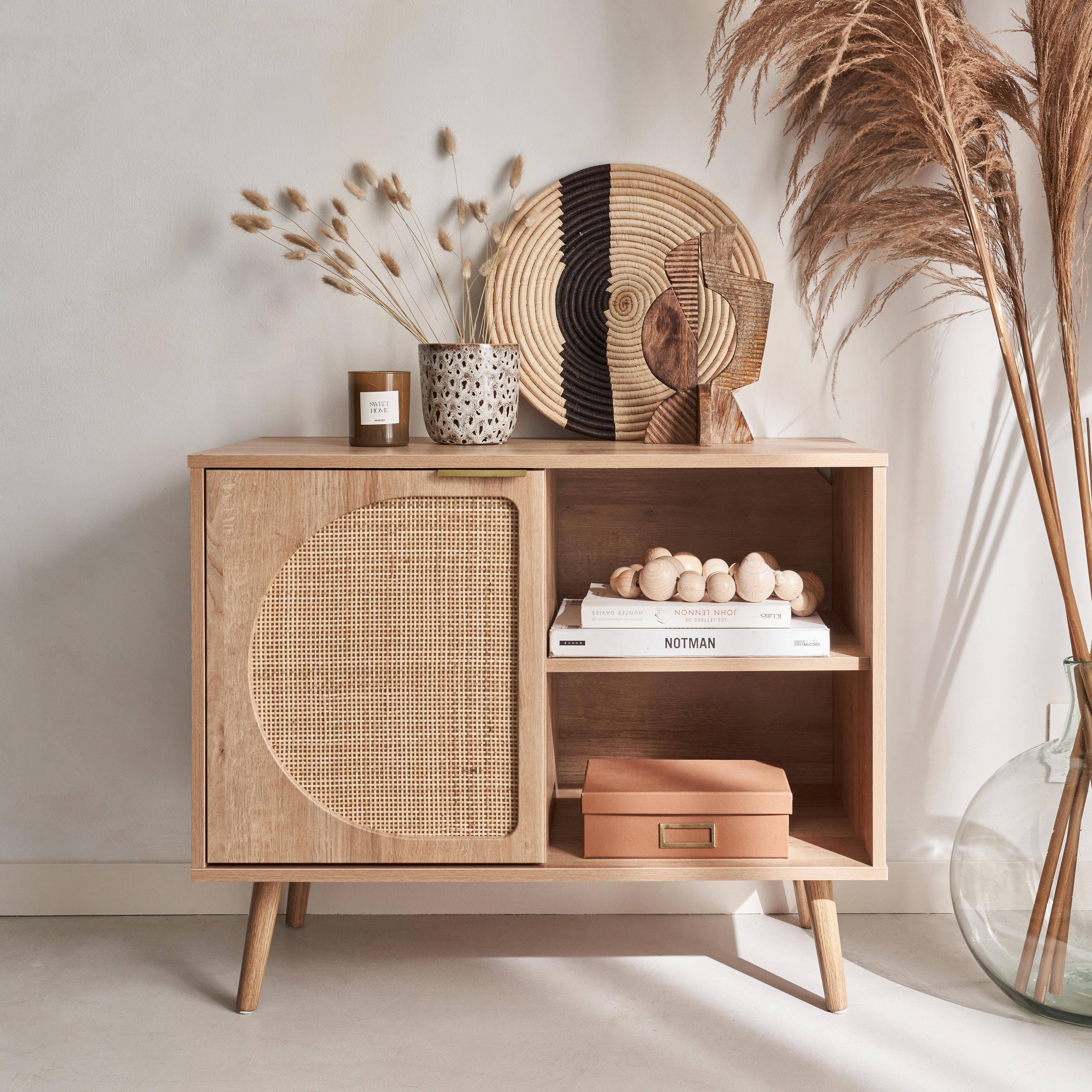 Wood and rounded cane rattan sideboard, 80x39x65.8cm, Eva, 1 door, 1 shelf Photo1