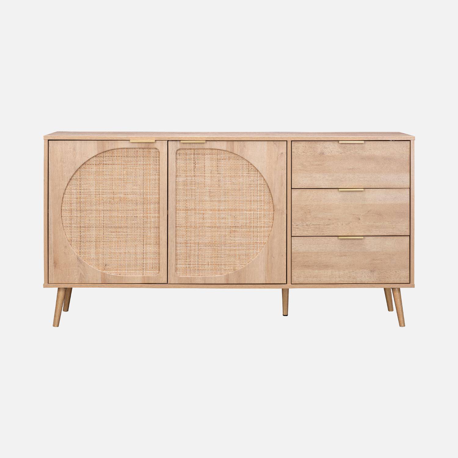 Wood and rounded cane rattan sideboard, 150x39x79cm, Eva, 3 drawers, 2 doors,sweeek,Photo4