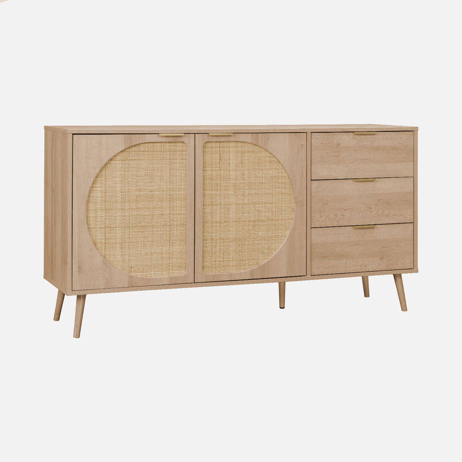 Anrichte, Holzdekor und abgerundetes Rohrgeflecht, 2 Türen 3 Schubladen L 150 x B 39 x H 79 cm - Eva Photo3