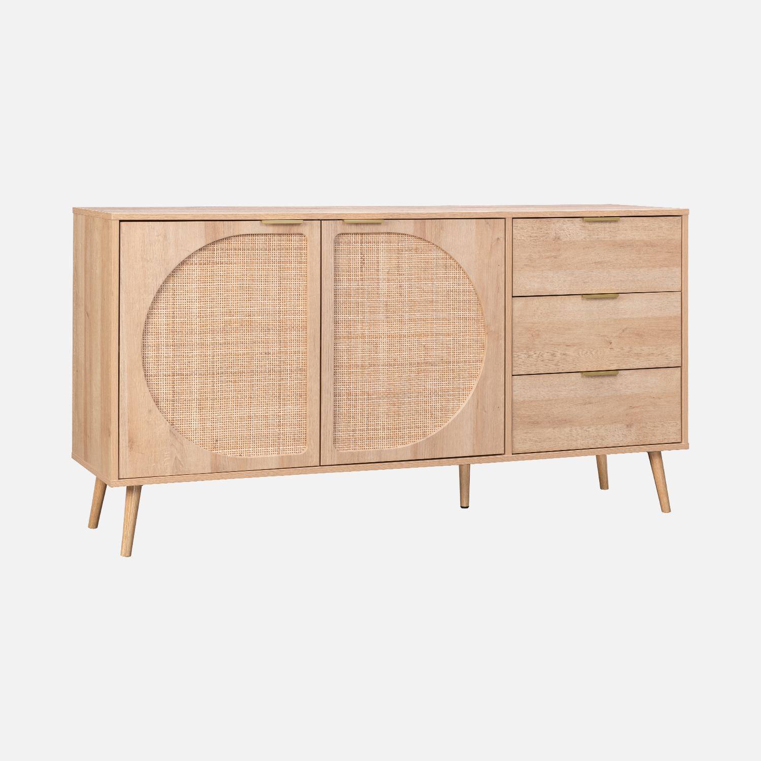 Wood and rounded cane rattan sideboard, 150x39x79cm, Eva, 3 drawers, 2 doors,sweeek,Photo3