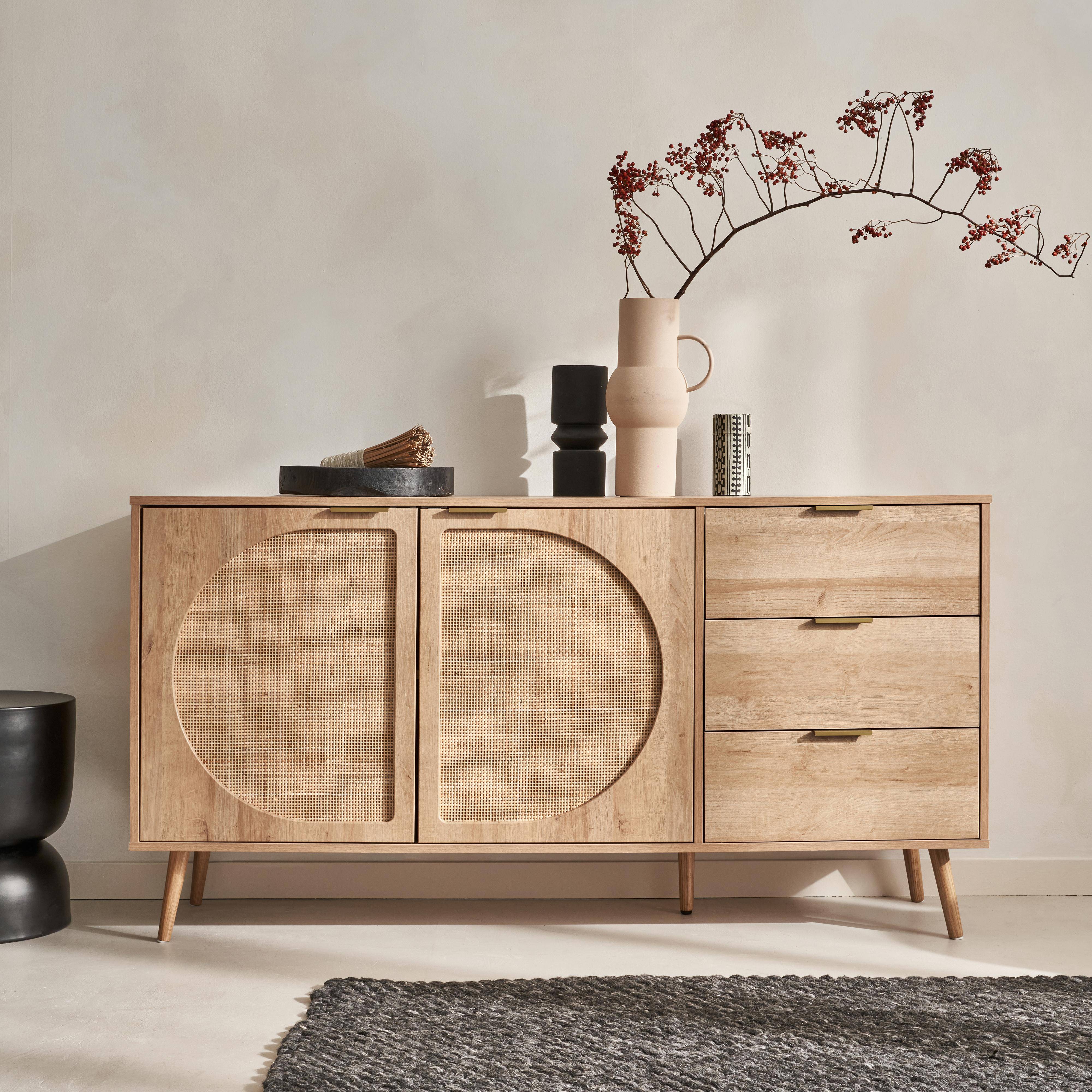 Buffet de rangement décor bois et cannage arrondi 2 portes, 3 tiroirs 150 cm
