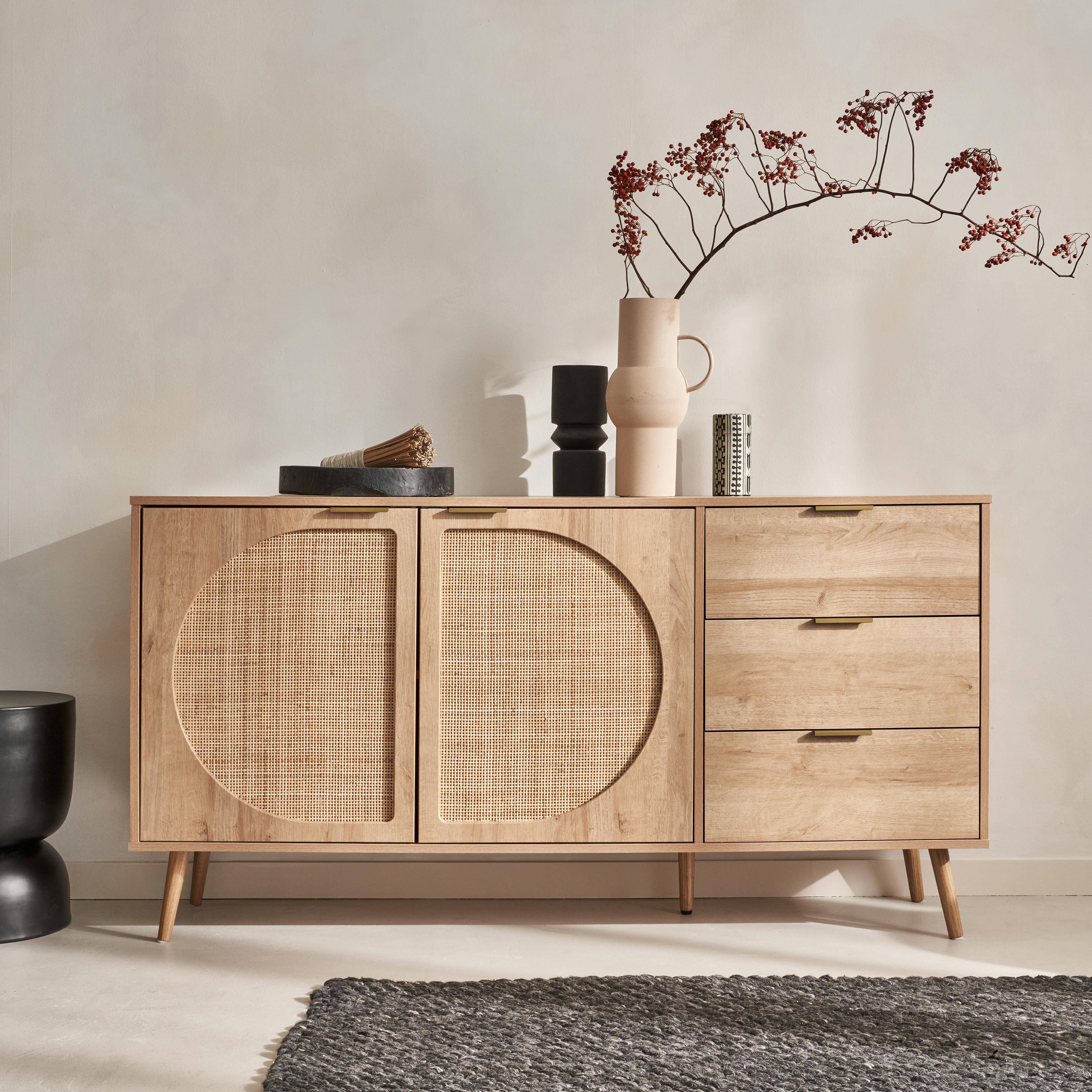 Wood and rounded cane rattan sideboard, 150x39x79cm, Eva, 3 drawers, 2 doors Photo1