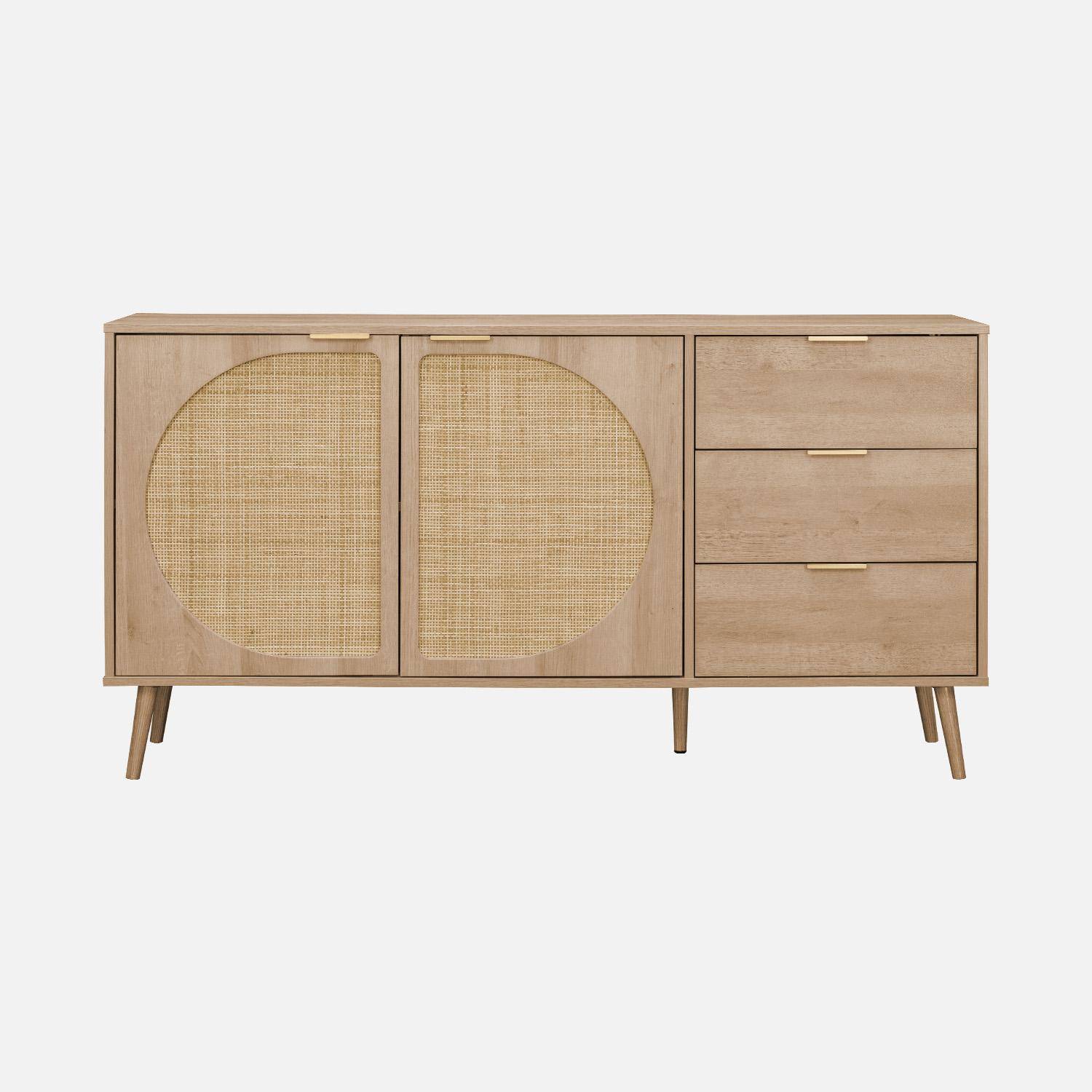 Anrichte, Holzdekor und abgerundetes Rohrgeflecht, 2 Türen 3 Schubladen L 150 x B 39 x H 79 cm - Eva Photo4