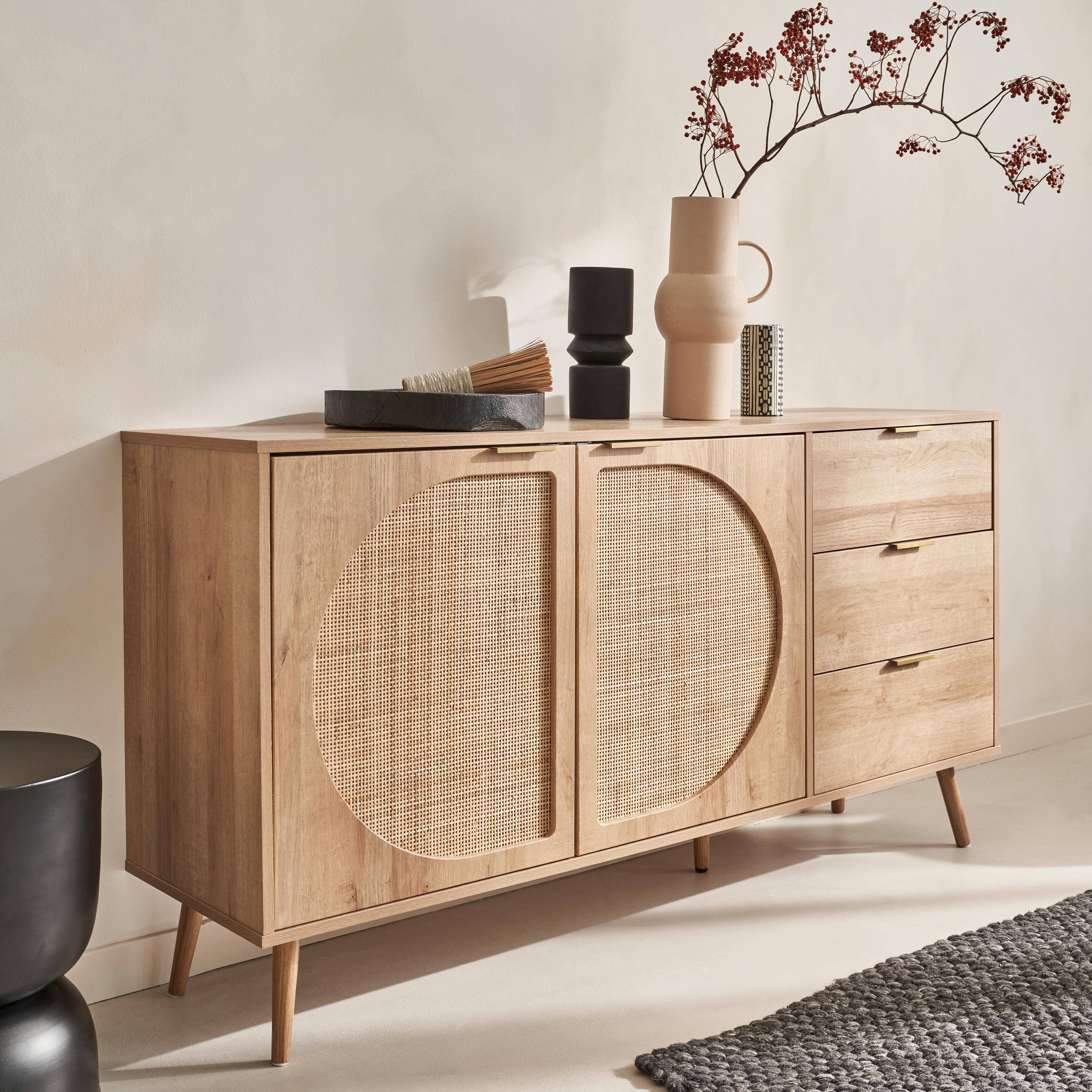 Wood and rounded cane rattan sideboard, 150x39x79cm, Eva, 3 drawers, 2 doors Photo2