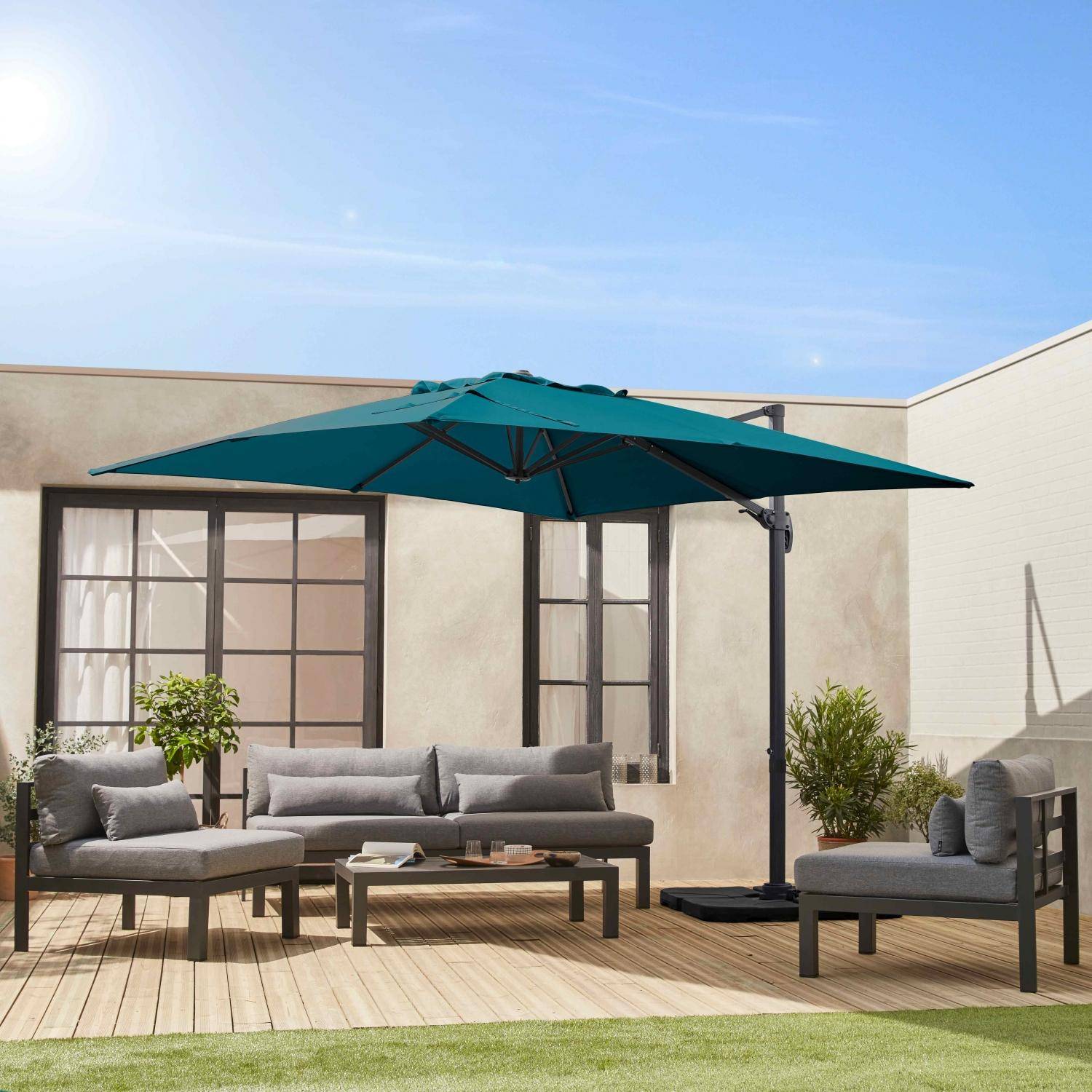Offset vierkante parasol 3x3m top of the range - Falgos - Petroleum Blauw - Offset parasol die gekanteld, neergeklapt en 360° gedraaid kan worden,sweeek,Photo4