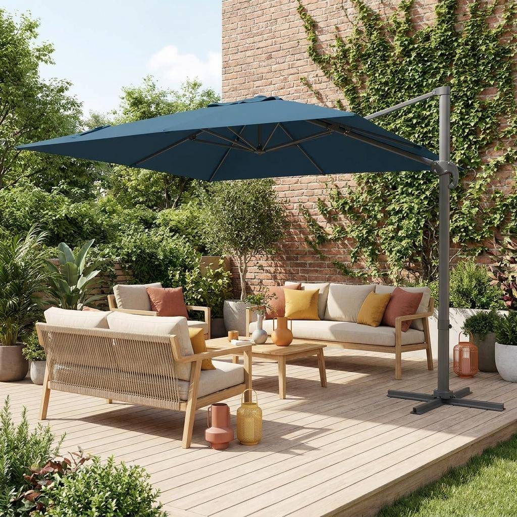Offset vierkante parasol 3x3m top of the range - Falgos - Petroleum Blauw - Offset parasol die gekanteld, neergeklapt en 360° gedraaid kan worden,sweeek,Photo2