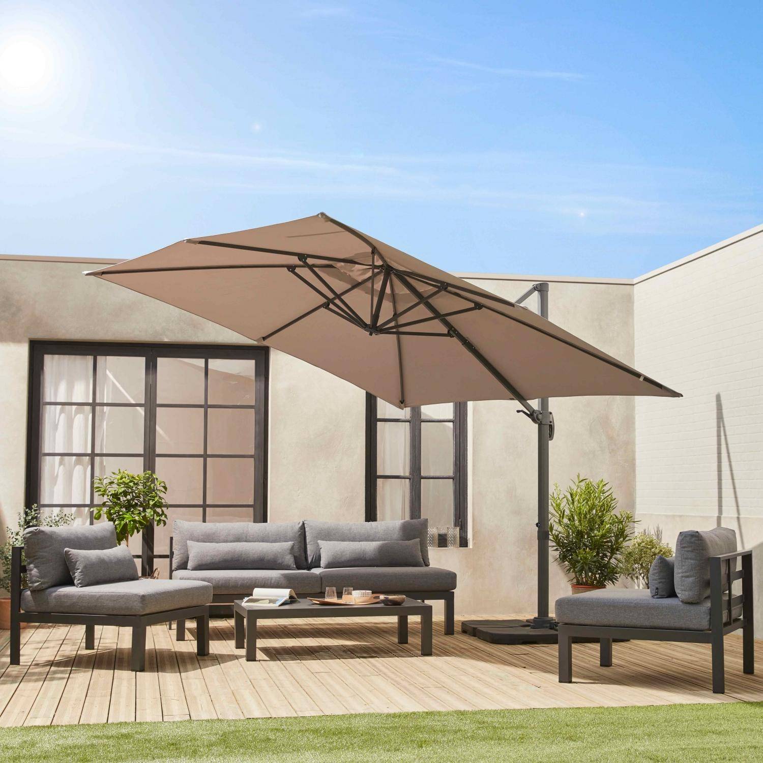 Ombrellone rettangolare decentrato in alluminio 3x3m, Falgos, Beige, 298x298x260 cm,sweeek,Photo2