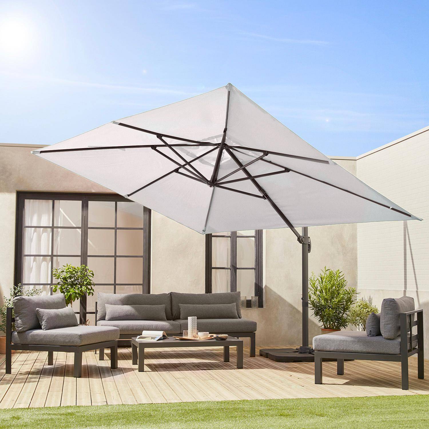 Wimereux grijze rechthoekige parasol, kantelbaar in 5 posities, 360° draaibaar, 3x4m. Photo2