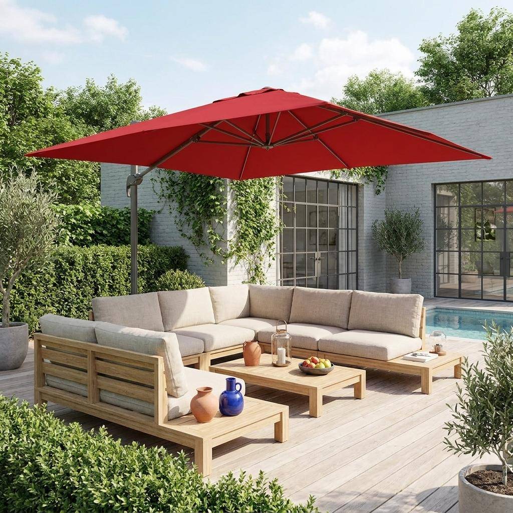 Rechthoekige parasol 3x4m - Wimereux - rood- parasol kantelt naar 6 posities, 360° draaibaar. Photo1
