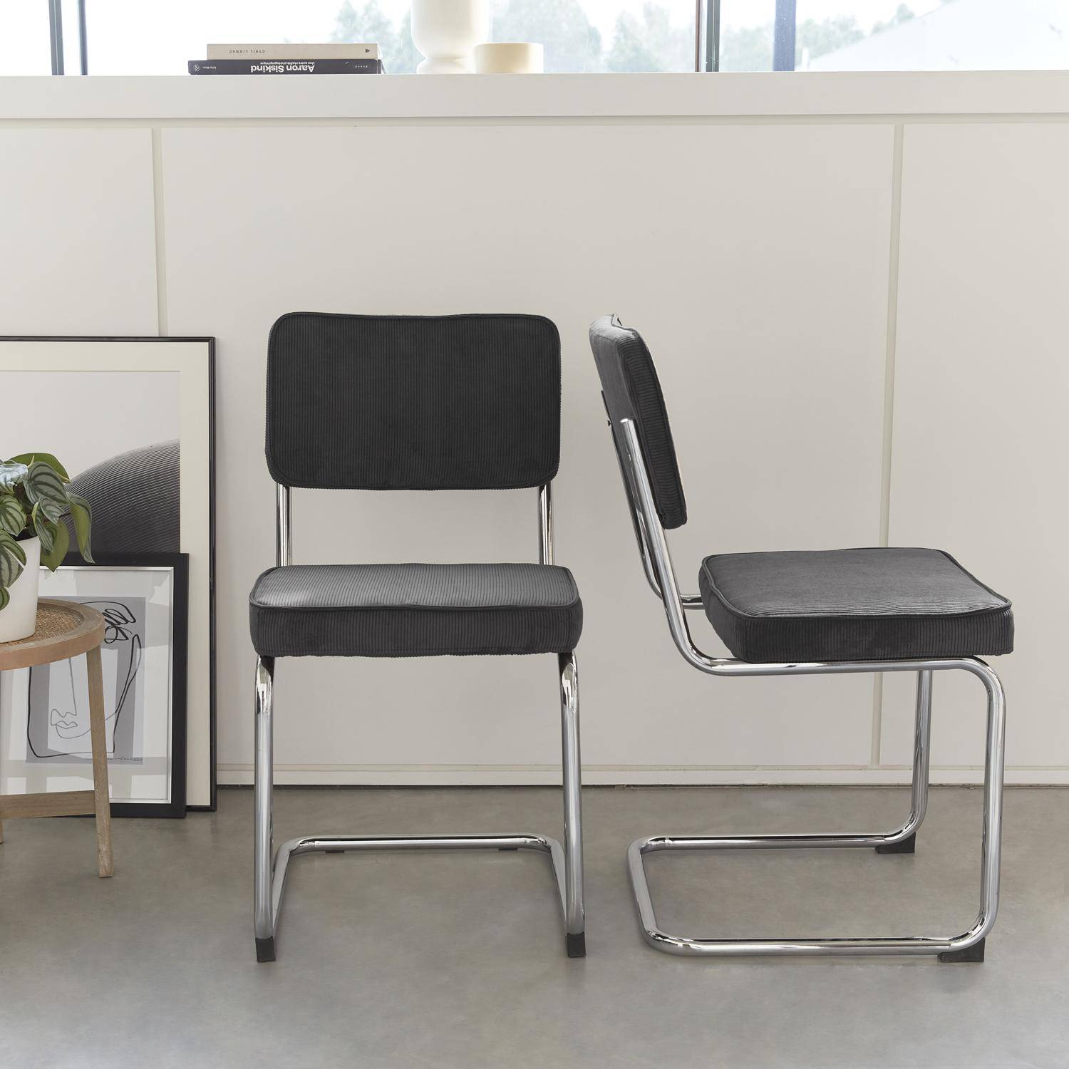 Pair of corduroy cantilever dining chairs, 46x54.5x84.5cm, Maja, Dark Grey,sweeek,Photo2