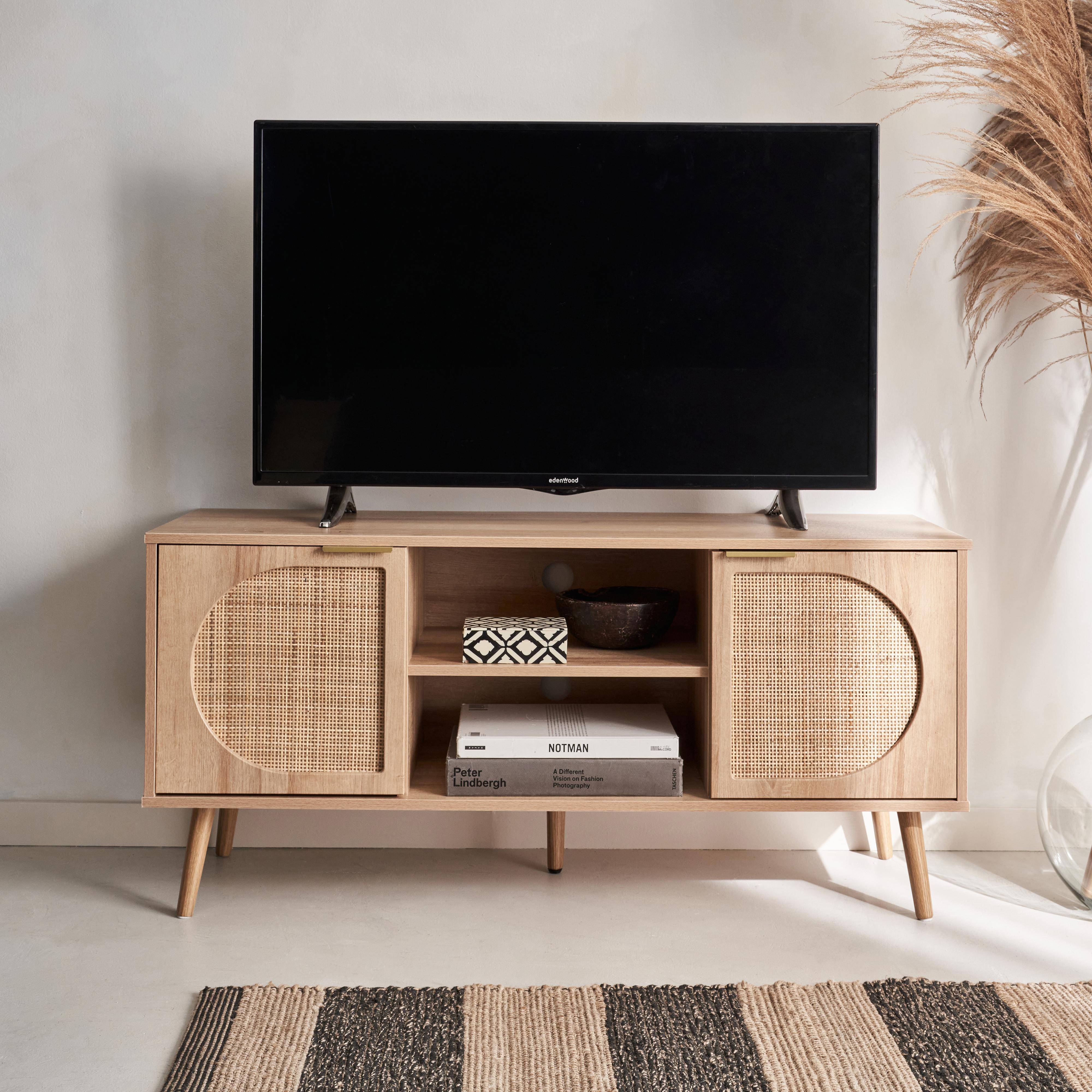 Wood and rounded cane rattan TV stand, 120x39x56.5cm, Eva, 2 cupboards, 2 storage spaces, bohemian style, natural wood Photo1
