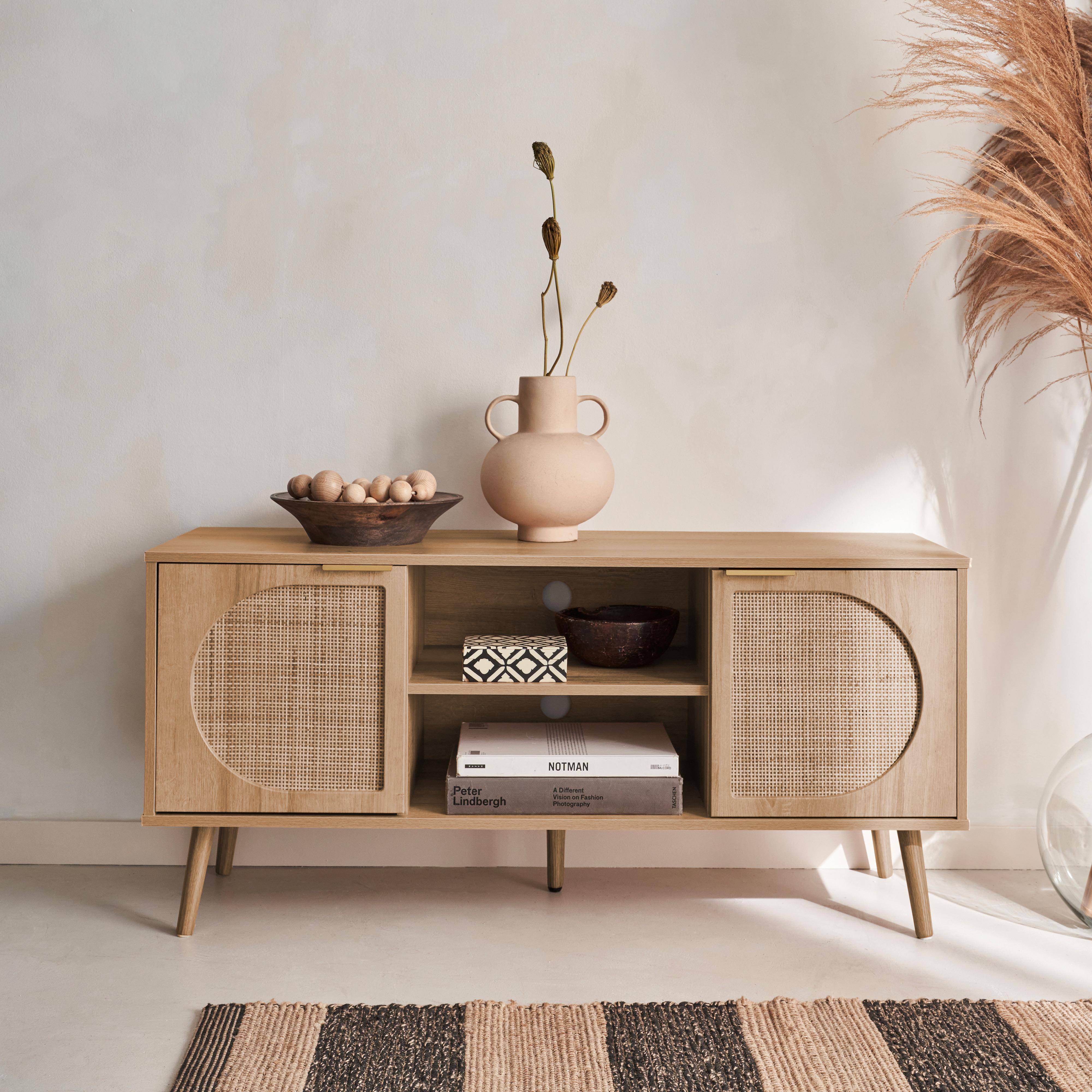 TV-meubel, Eva, houtdecor en afgerond riet 2 deuren, 1 plank L120 x B39 x H56,5cm Photo2