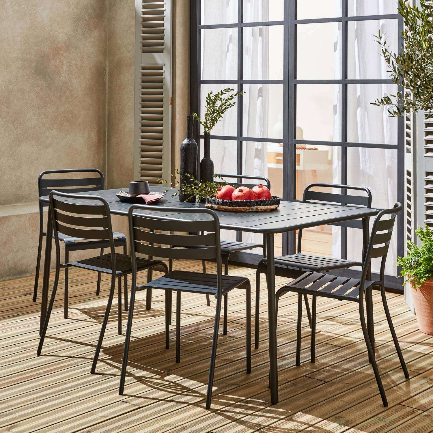 Table de jardin en métal anthracite Amélia + 6 chaises, traitement antirouille, lattes et bords arrondis  Photo2