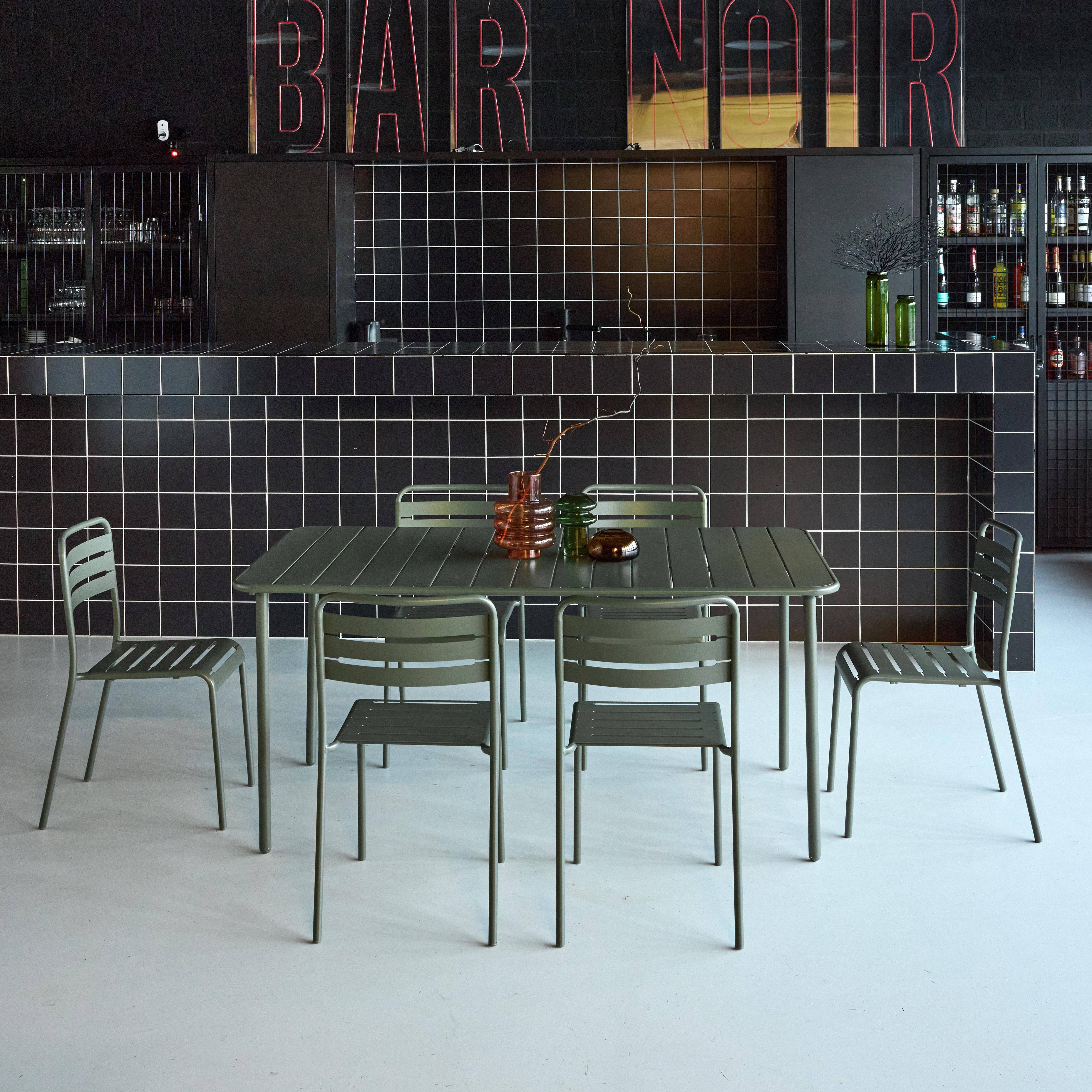 Table de jardin en métal kaki Amélia + 6 chaises, traitement antirouille, lattes et bords arrondis  Photo1