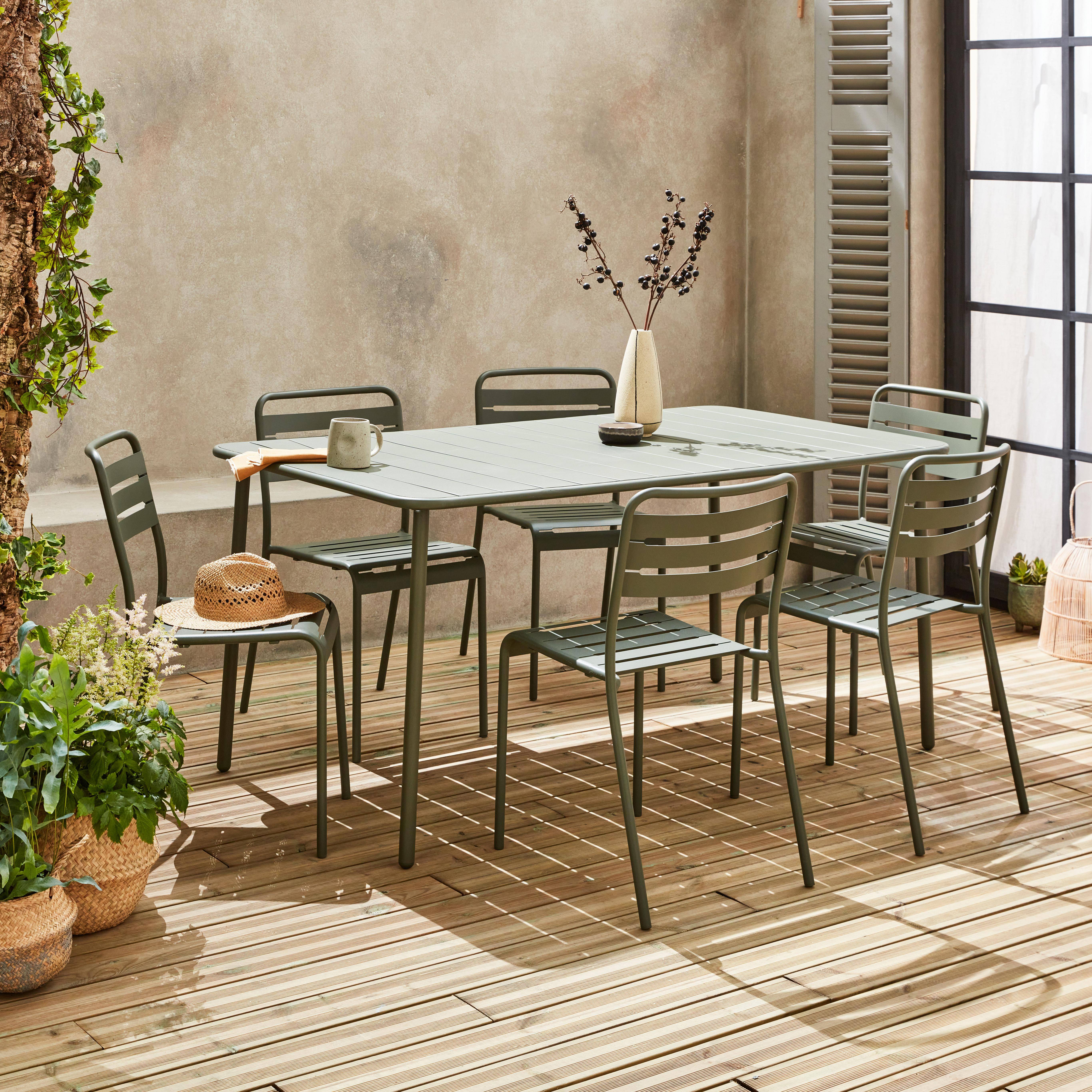 Savane kleurig metalen tuintafel, 6 stoelen, Amélia, roestvrij behandeld, latten en afgeronde hoeken Photo2