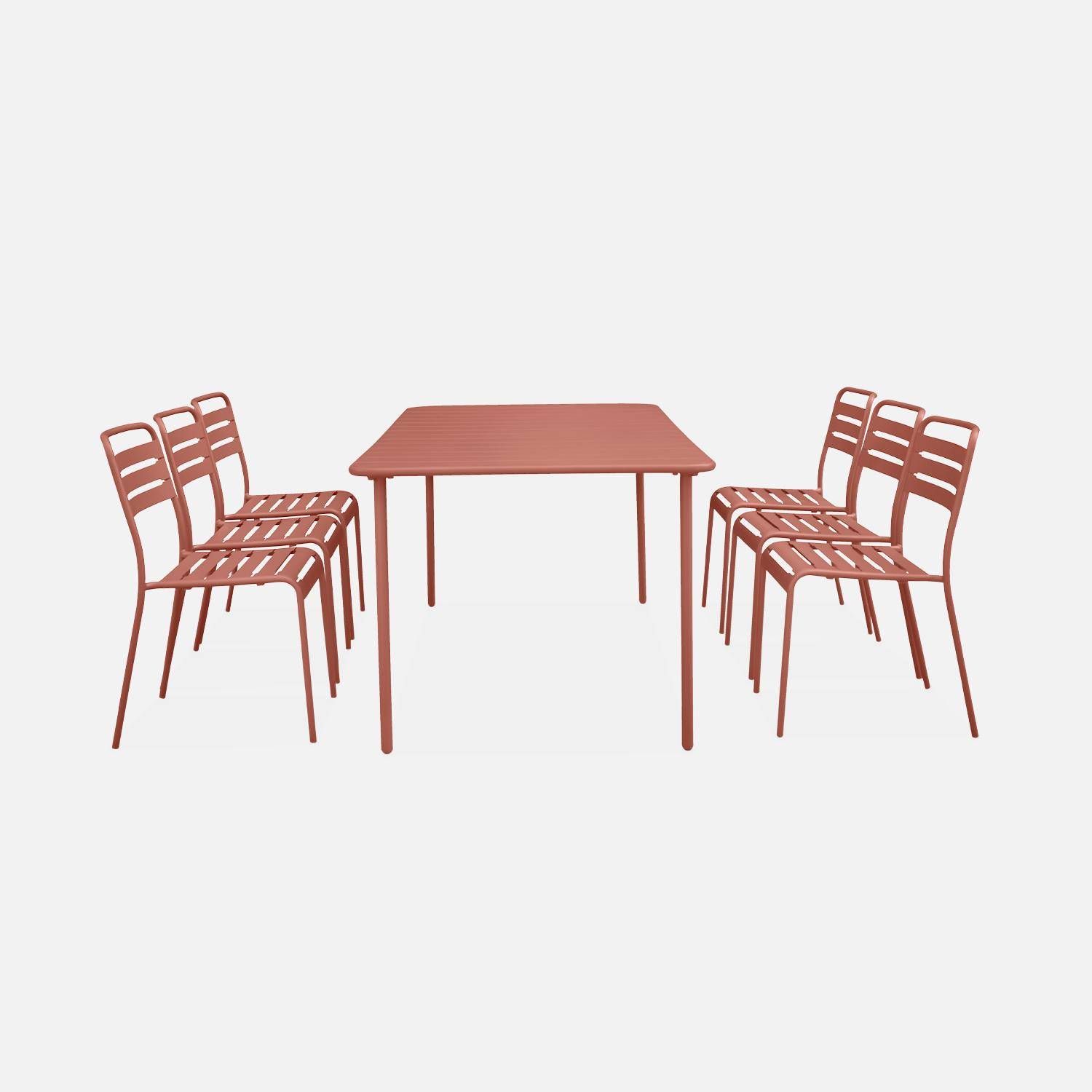 Amélia terracotta metalen tuintafel + 6 stoelen, roestvrij behandeld, latten en afgeronde hoeken Photo5