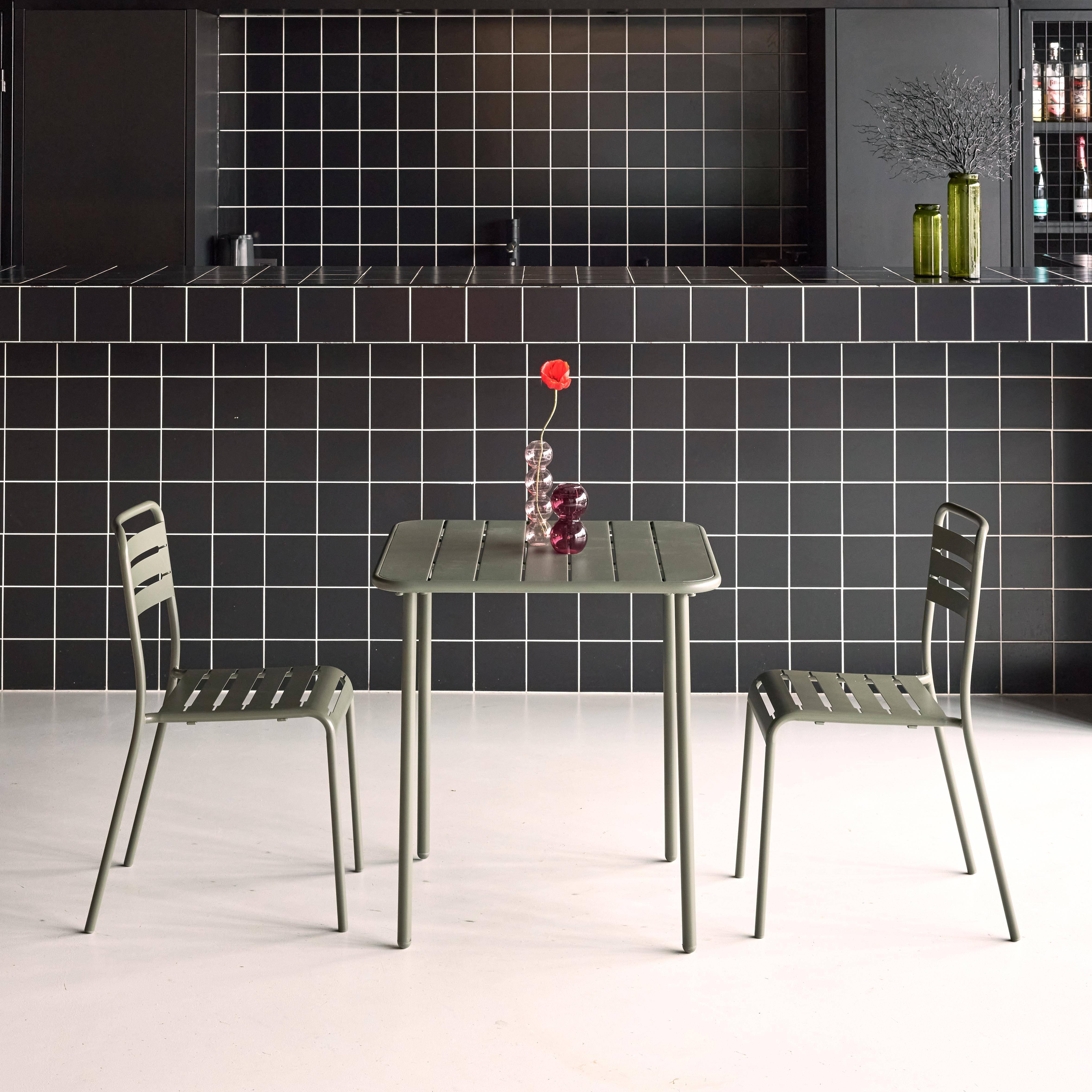 Mesa de jardim em metal com 2 cadeiras, Amelia, Verde caqui, 70x70x72.5 cm,sweeek,Photo1