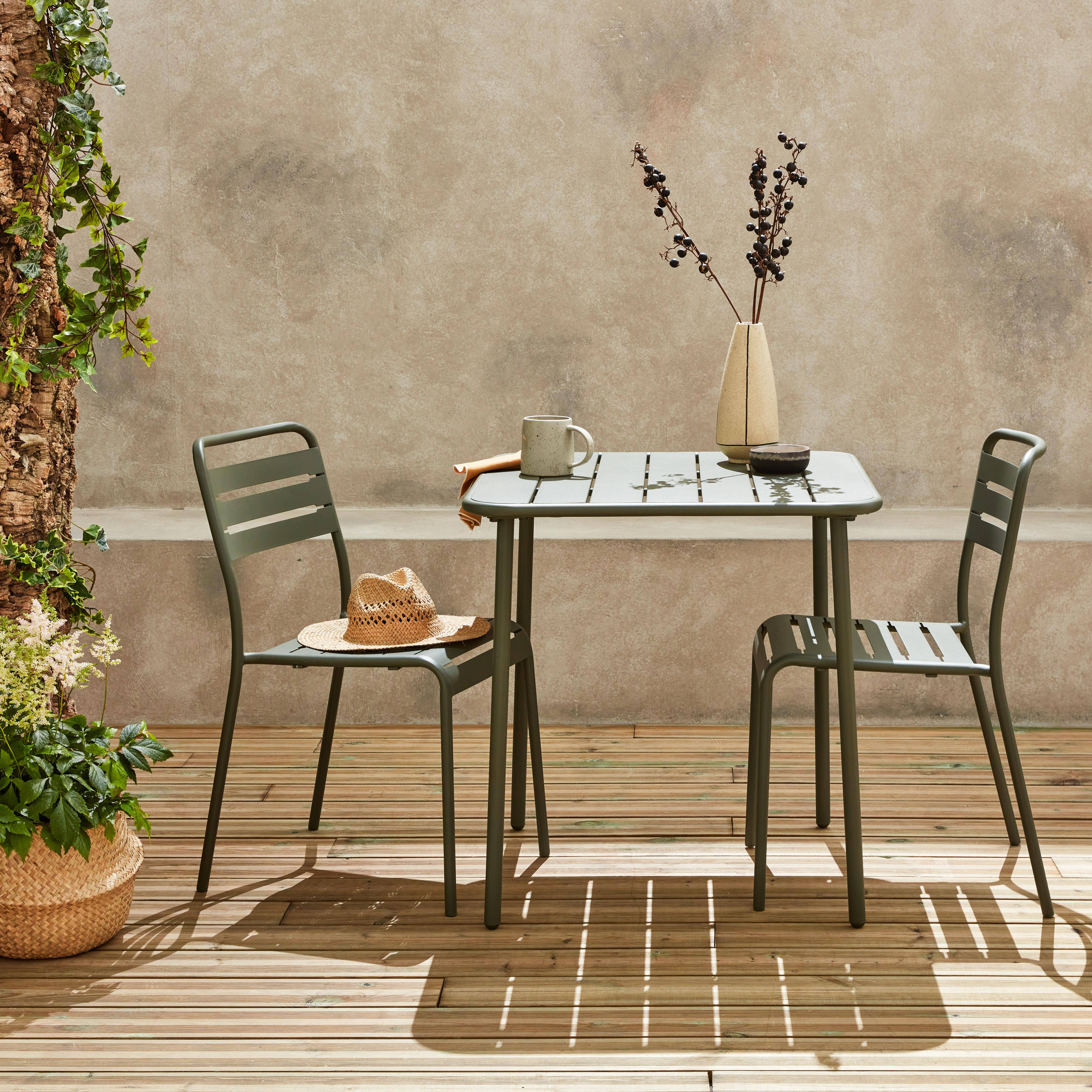 Table de jardin métal savane Amélia avec 2 chaises, lattes et bords arrondis, traitement antirouille Photo1