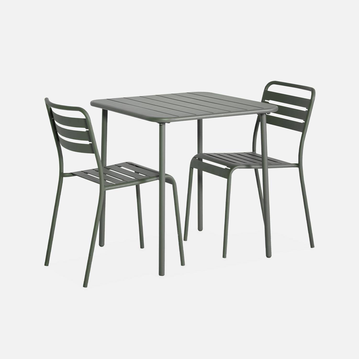 Amélia savane metalen tuintafel met 2 stoelen, latten en afgeronde hoeken, roestbestendige afwerking Photo4