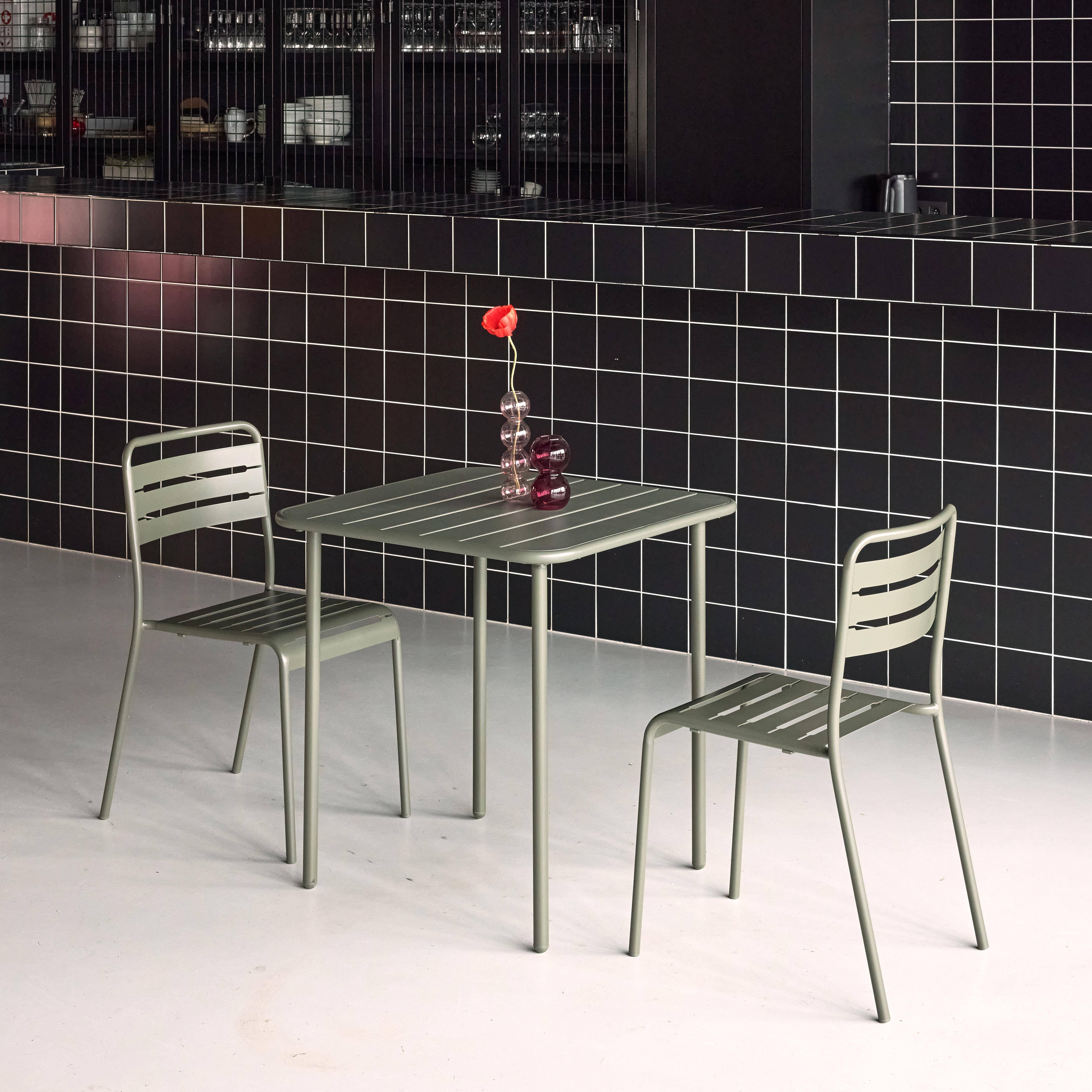 Mesa de jardim em metal com 2 cadeiras, Amelia, Verde caqui, 70x70x72.5 cm Photo2