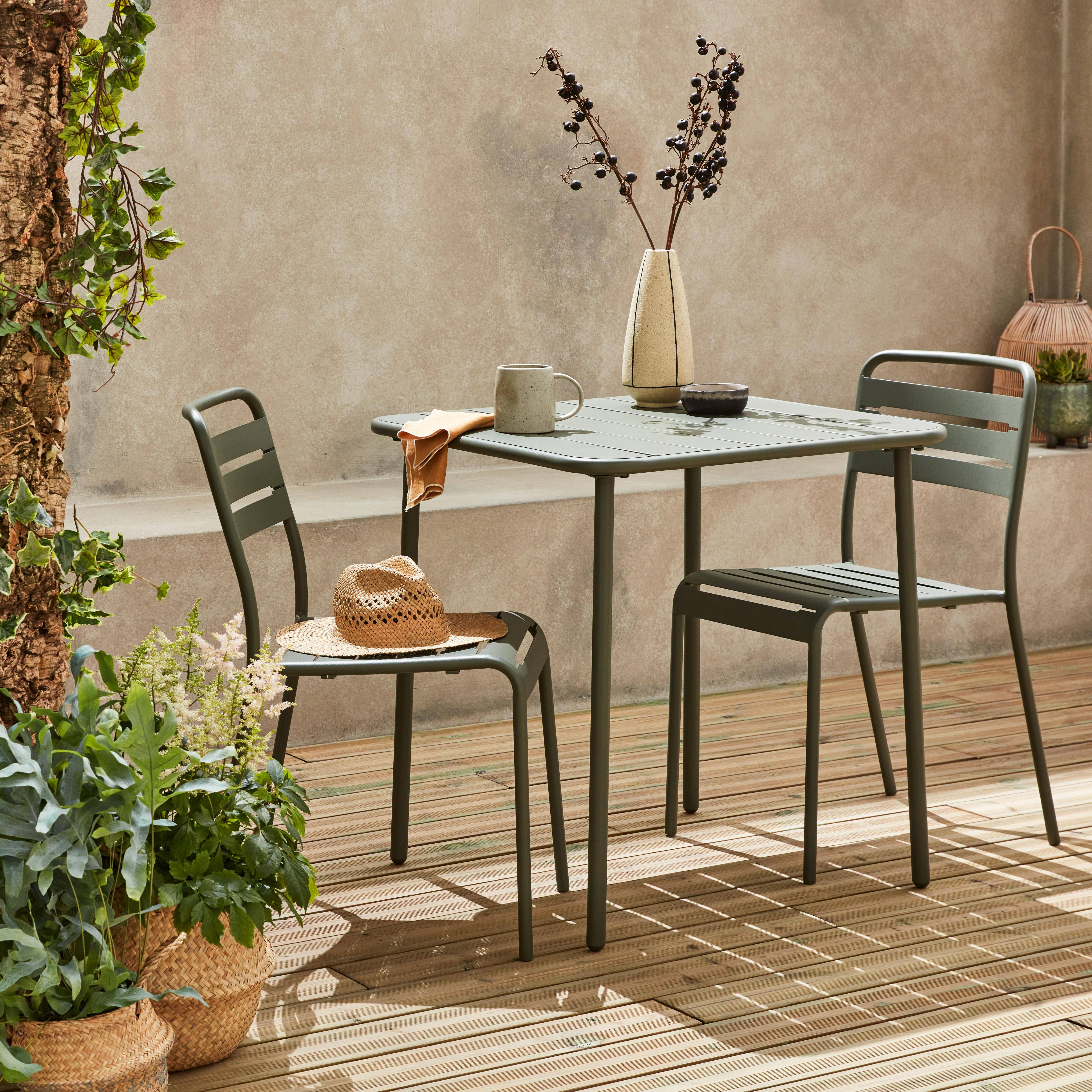 Amélia savane metalen tuintafel met 2 stoelen, latten en afgeronde hoeken, roestbestendige afwerking Photo2